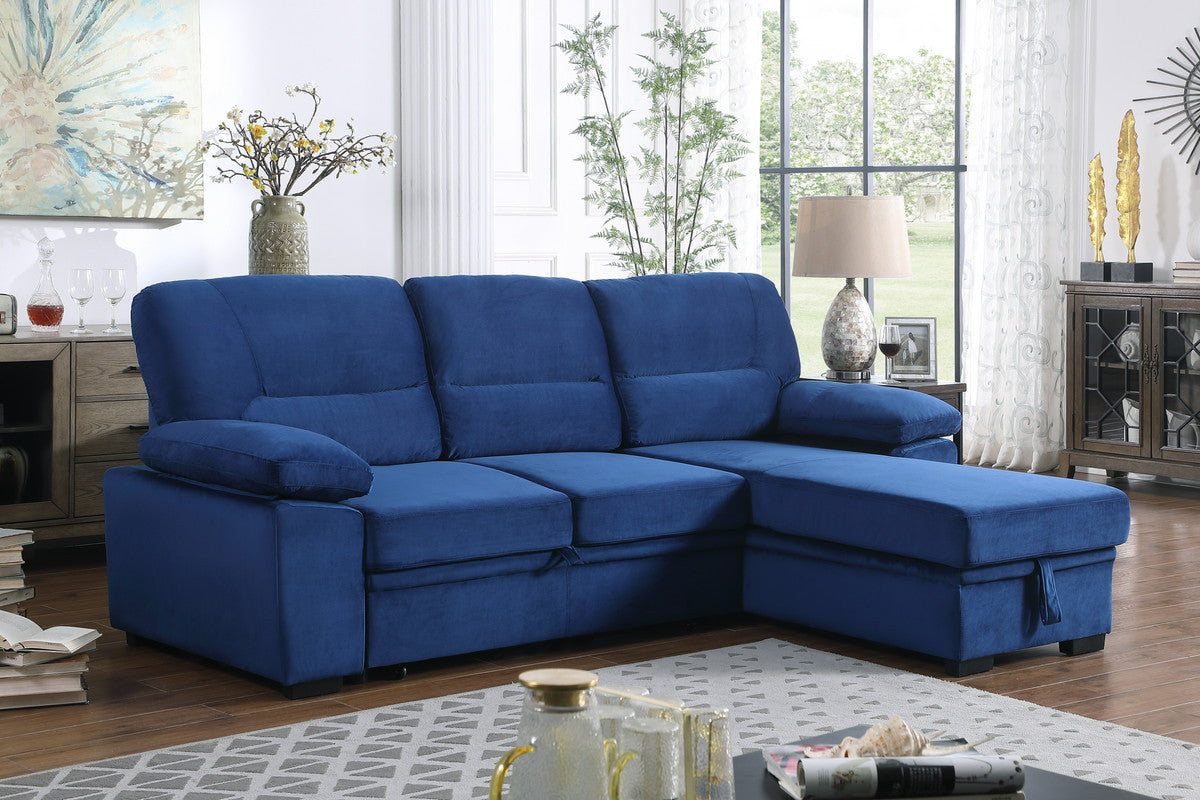 Kipling 97.5" Blue Velvet Fabric Reversible Sleeper Sectional Sofa Chaise Blue Velvet