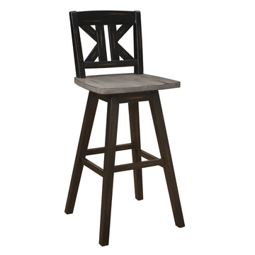 Pub Height Chairs Set Of 2, Distressed Gray And Black 360 Degree Swivel Chair Solid Rubberwood Furniture, Divided X Back Bar Chairs Black Gray Dining Room Rustic Solid Wood