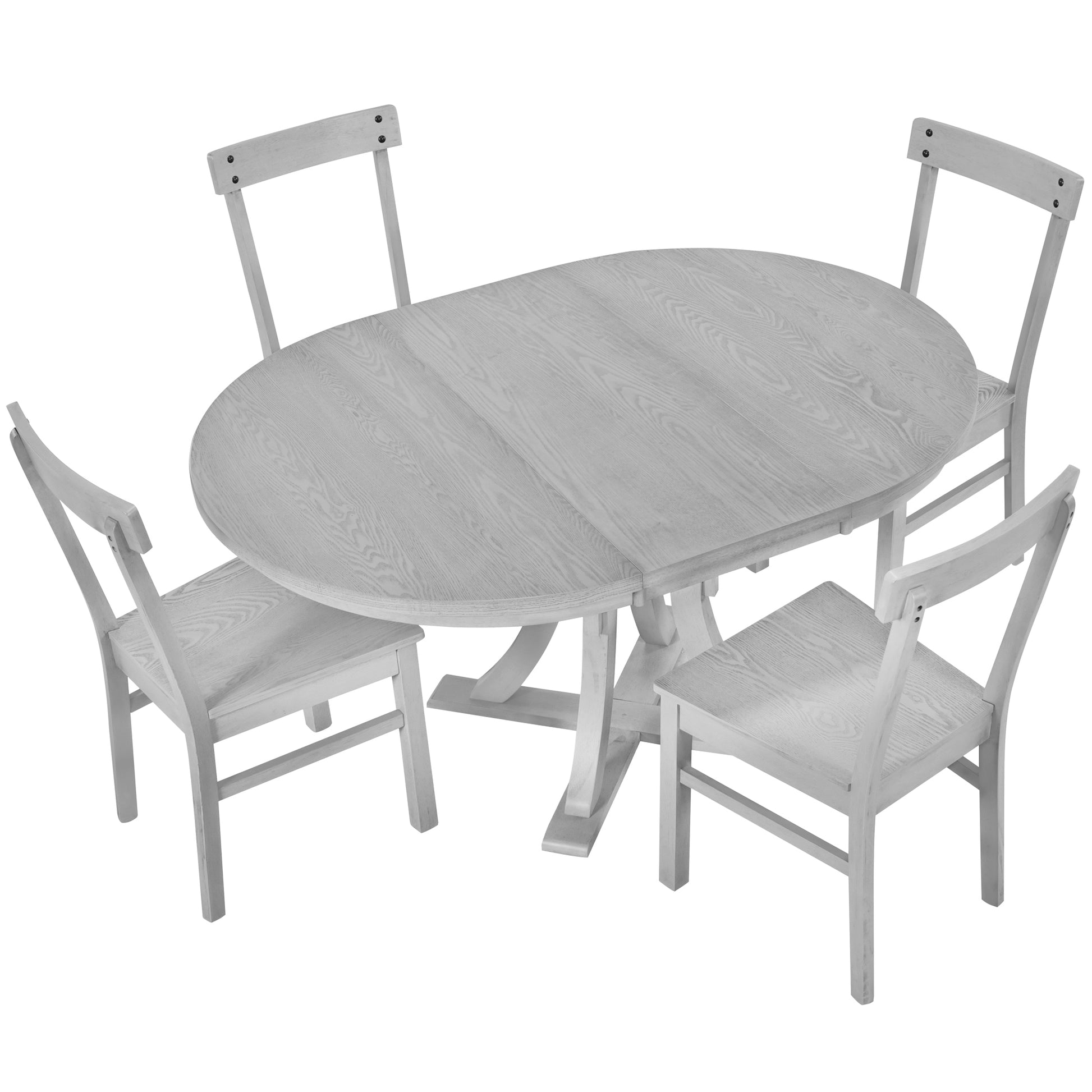5 Piece Rustic Round Pedestal Extendable Dining Table Set With 15.7" Removable Leaf And Simple Dining Chirs For Small Places, Gray Gray Wood Dining Room Extendable Rubberwood Oval Dining Table With Chair Wood Wood Gray Seats 4 Removable Leaf Farmhouse