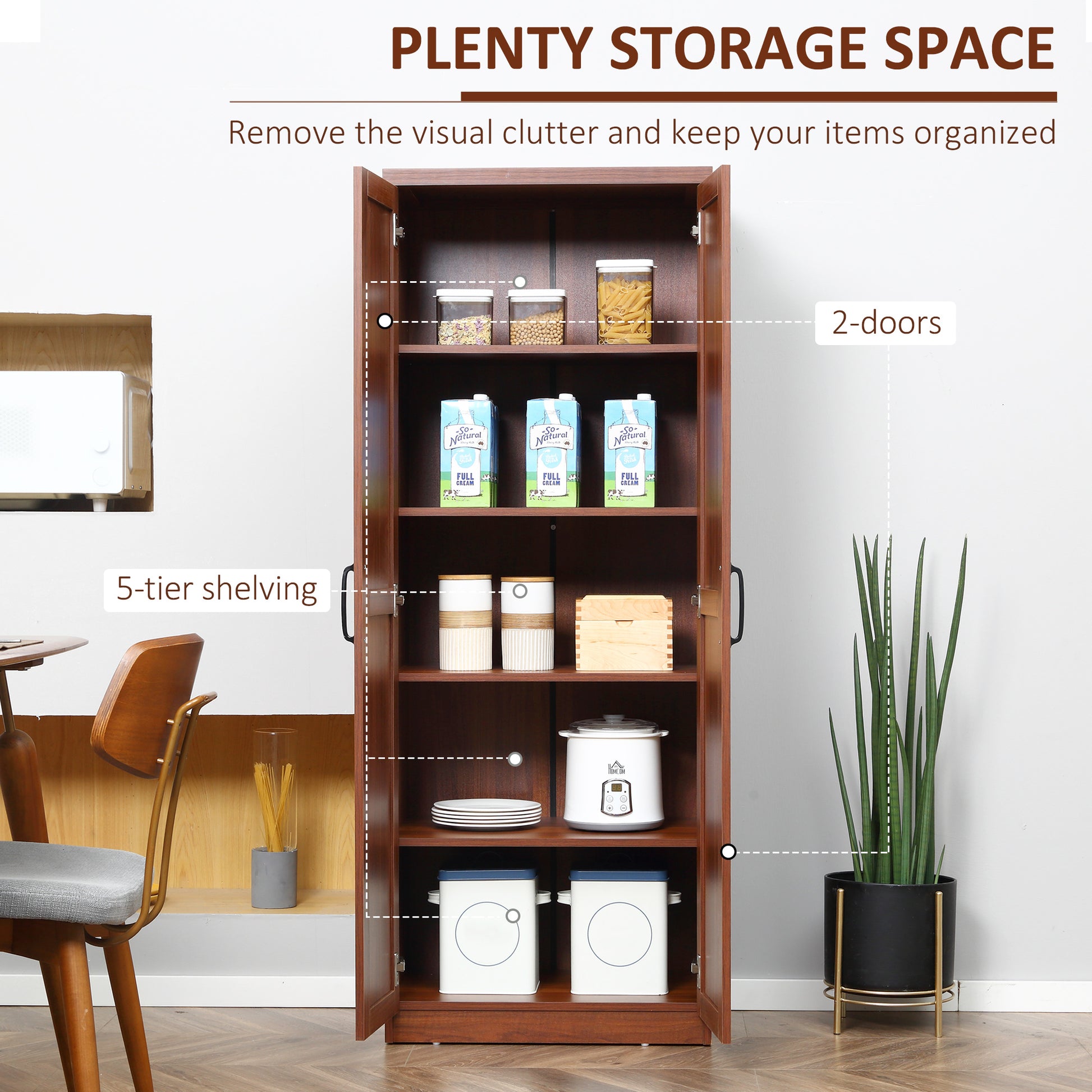 Homcom 63" 2 Door Kitchen Pantry, Freestanding Storage Cabinet With 5 Tier Shelving And 2 Adjustable Shelves For Dining Room, Brown Brown Particle Board