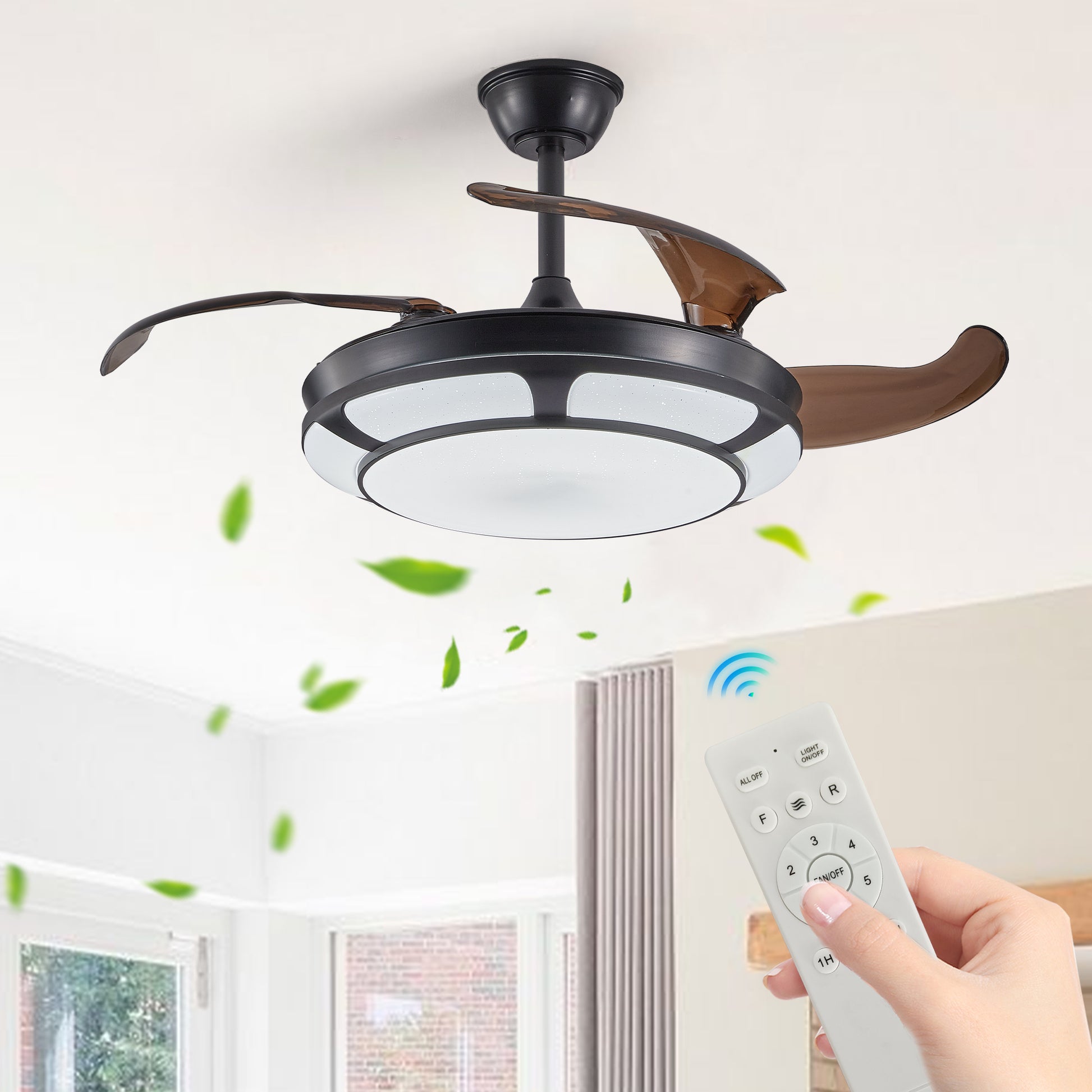 Modern Minimalist Invisible Ceiling Fan Light Retractable Fan With Led Fixtures For Living Room, Bedroom And Dining Room Black Acrylic Iron
