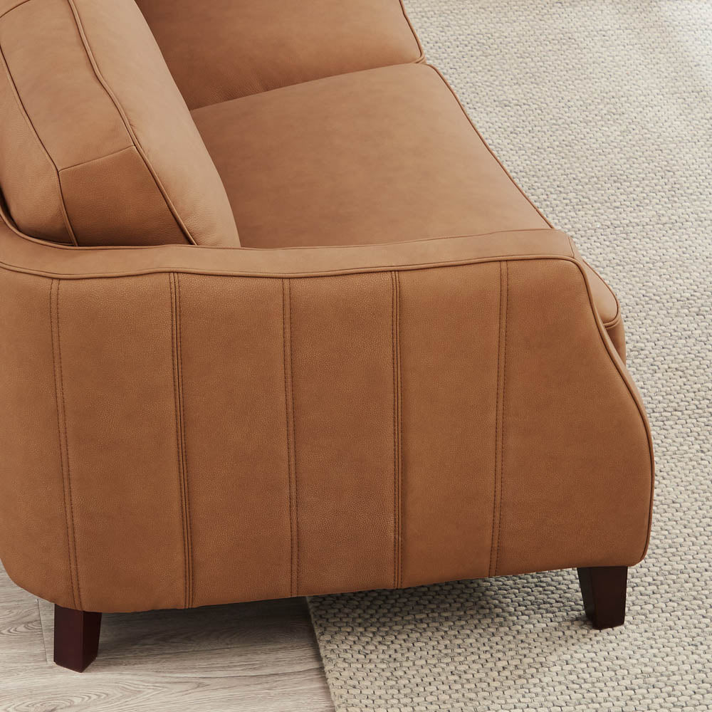 Aria Top Grain Leather Sofa Couch Brown Genuine Leather Wood Primary Living Space Medium Firm Cushion Back Mid Century Modern Eucalyptus Square Arms Down Filling Leather 3 Seat