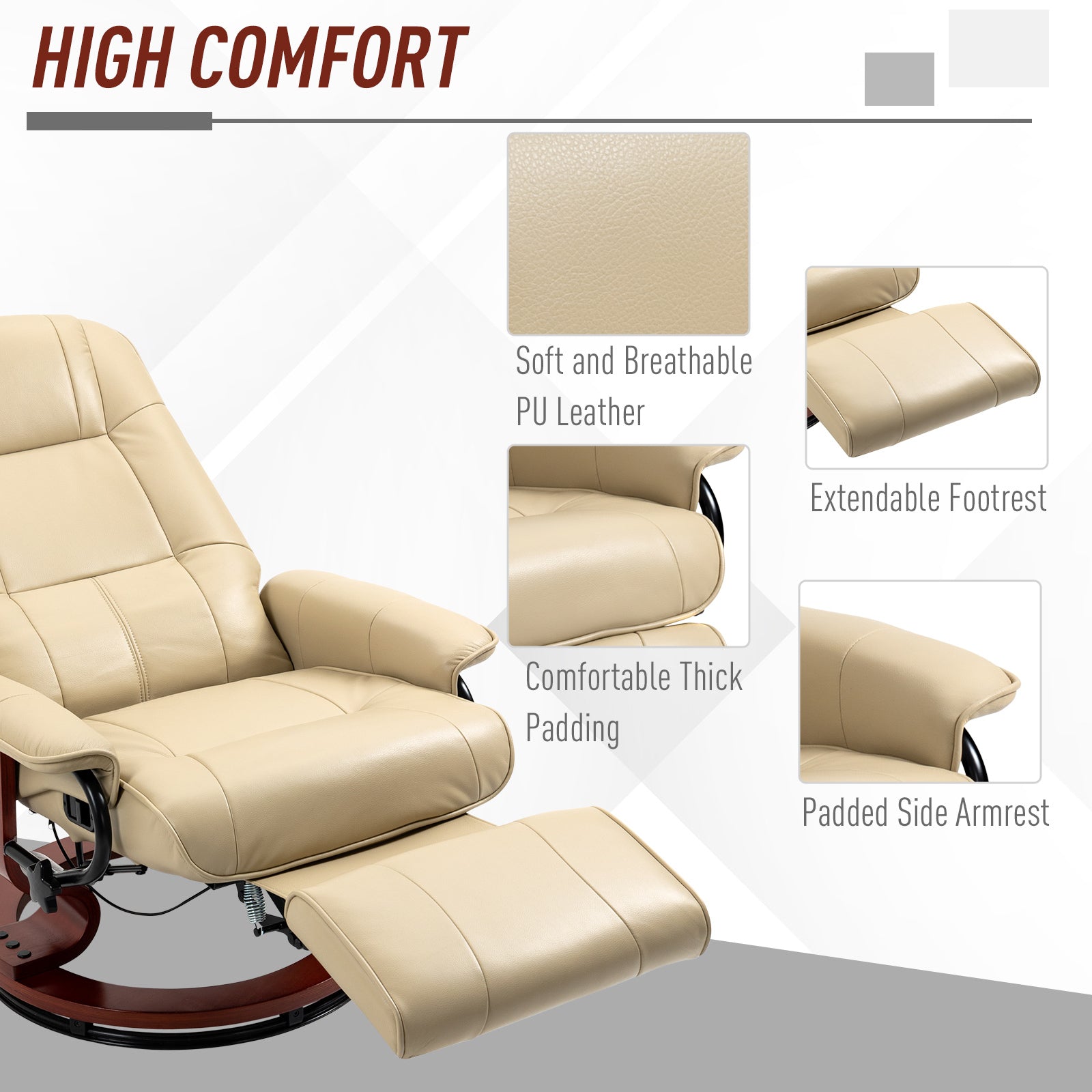 Homcom Faux Leather Manual Recliner With Swivel Wood Base, White Cream White Pu Leather