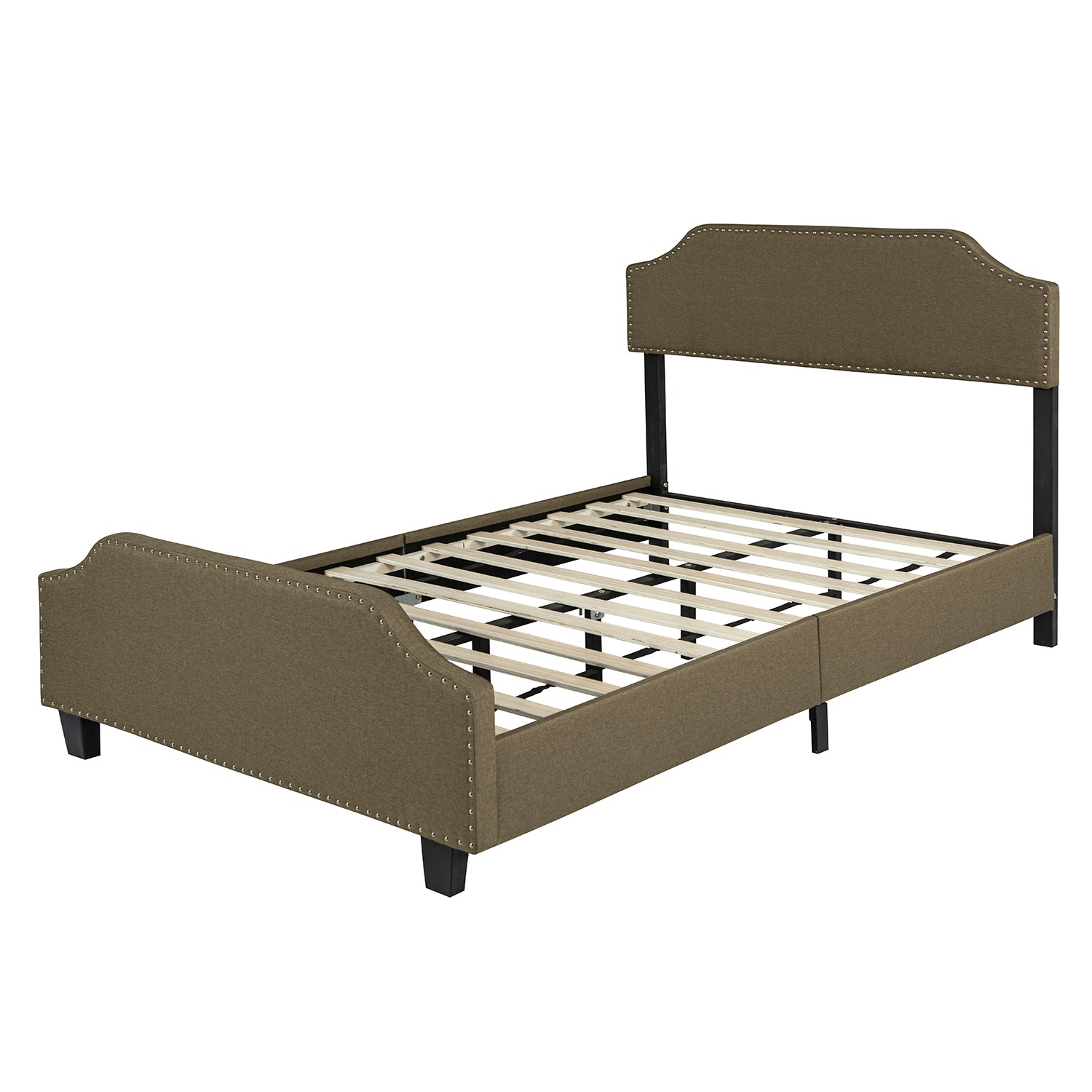 Upholstered Linen Queen Bed Frame, Platform Bed With Curved Shape Headboard And Footboard, Metal Frame With Wood Slat Support, Headboard Height Adjustable, No Box Spring Needed, Chocolate Box Spring Not Required Queen Chocolate Wood Bedroom Bed Frame