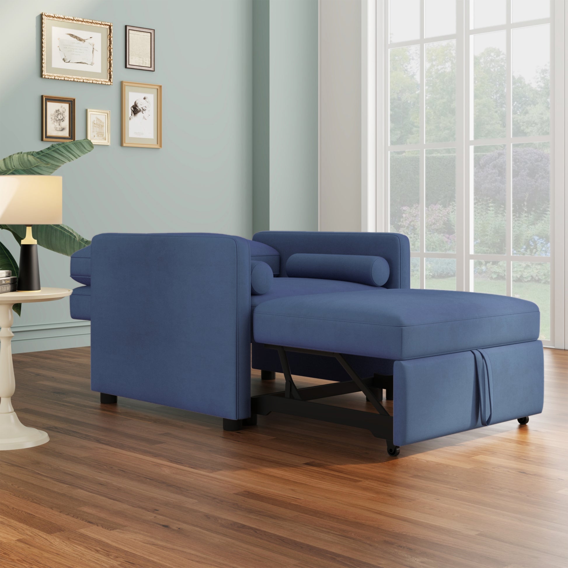 3 In 1 Convertible Sleeper Chair With Adjustable Backrest, Lounger Chair Turns Into Bed, Single Bed For Living Room, Velvet, Ink Blue Blue Velvet