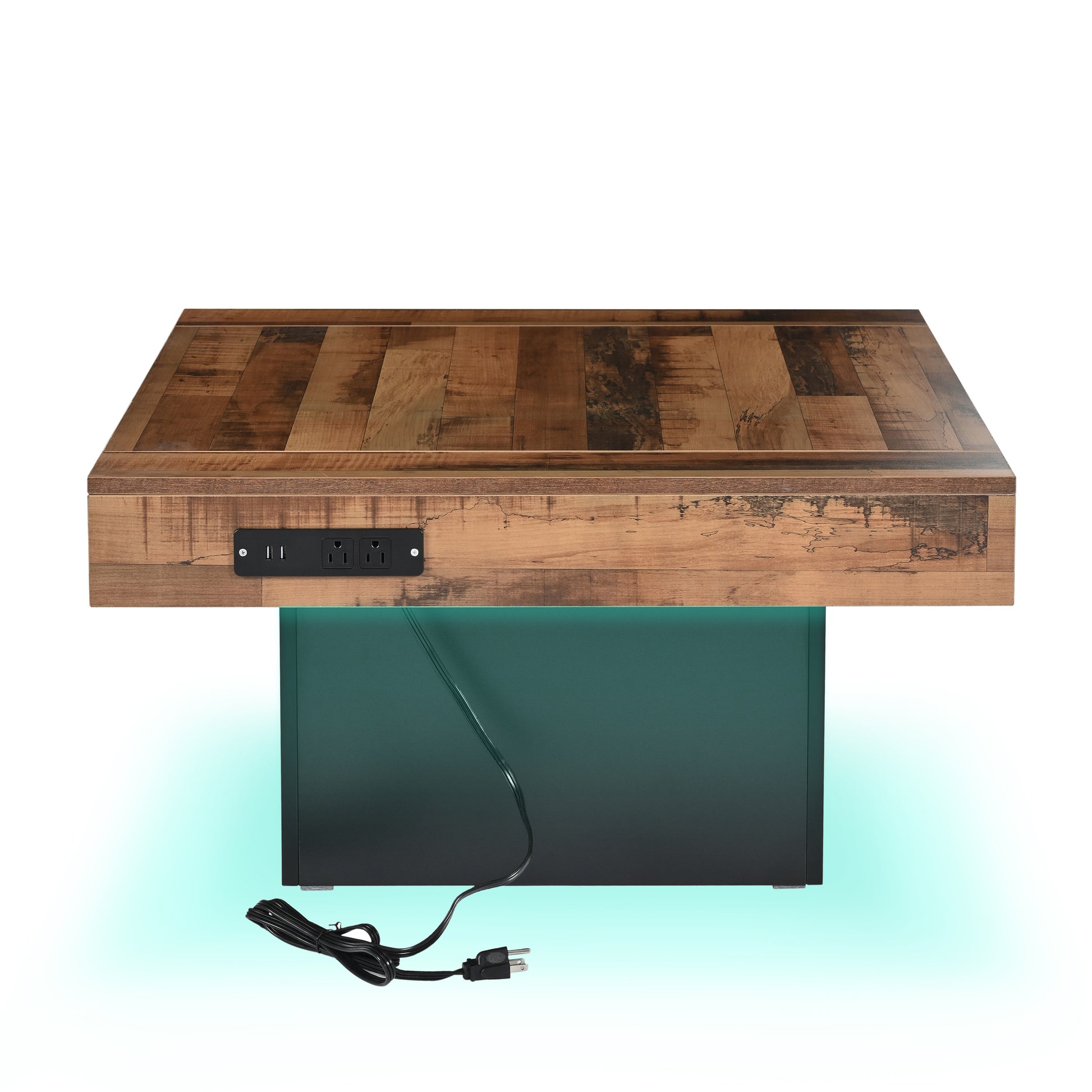 31.4'' X 31.4'' Farmhouse Coffee Table With 2 Usb Ports And Outlets, Brown Spliced Wood Grain Center Table With Led Light, Rustic Cocktail Table With Charging Station For Living Room, Black Black Primary Living Space Square Particle Board