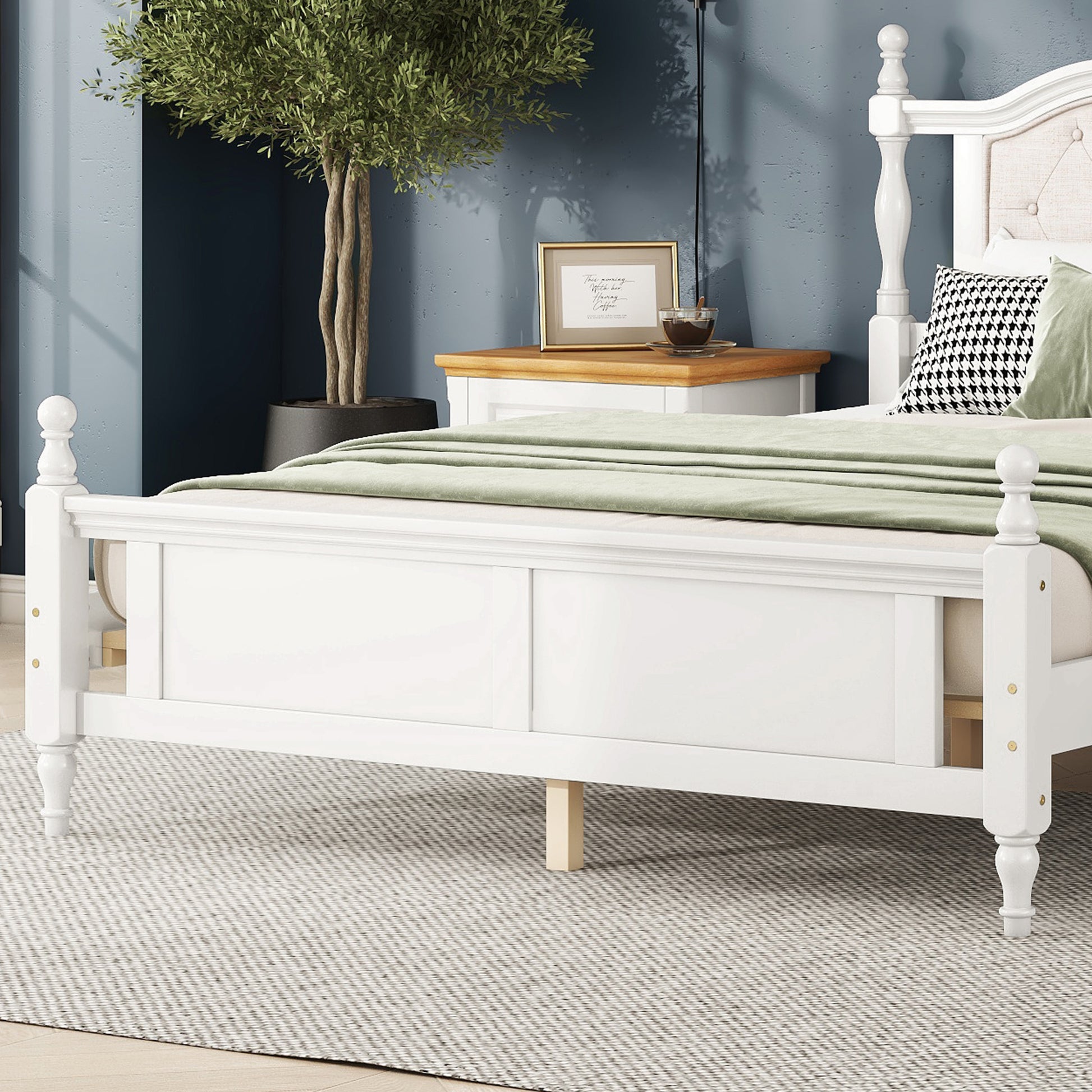 Queen Pine Wooden Bed With Upholstered Headboard And Panel Footboard, With Two Bed Rail Support Feet And Central Platform Support Feet ,White Queen White Pine