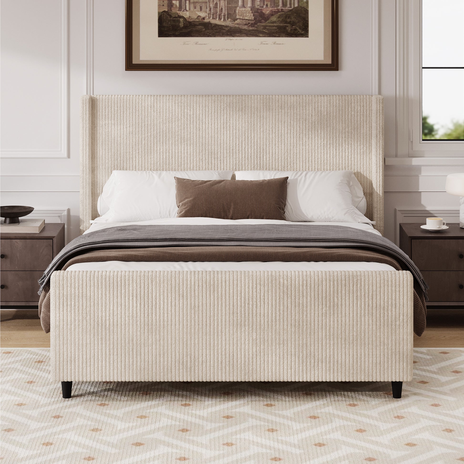 50.7'' High Headboard Corduroy Upholstered Bed Frame With Vertical Stripe Wingback And High Footboard No Box Spring Needed, Queen Size, Cream Box Spring Not Required Queen Cream Wood Bedroom Modern Bed Frame Wood