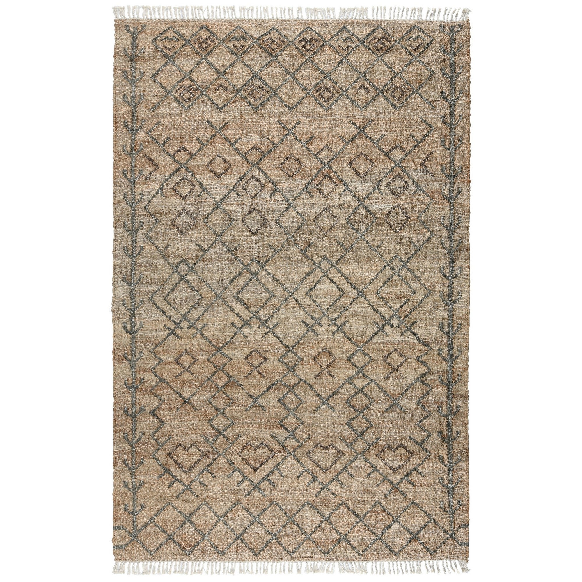 Ella 5 X 8 Area Rug, Beige Handwoven Jute, Fringes, Tribal Geometric Design Beige Cotton