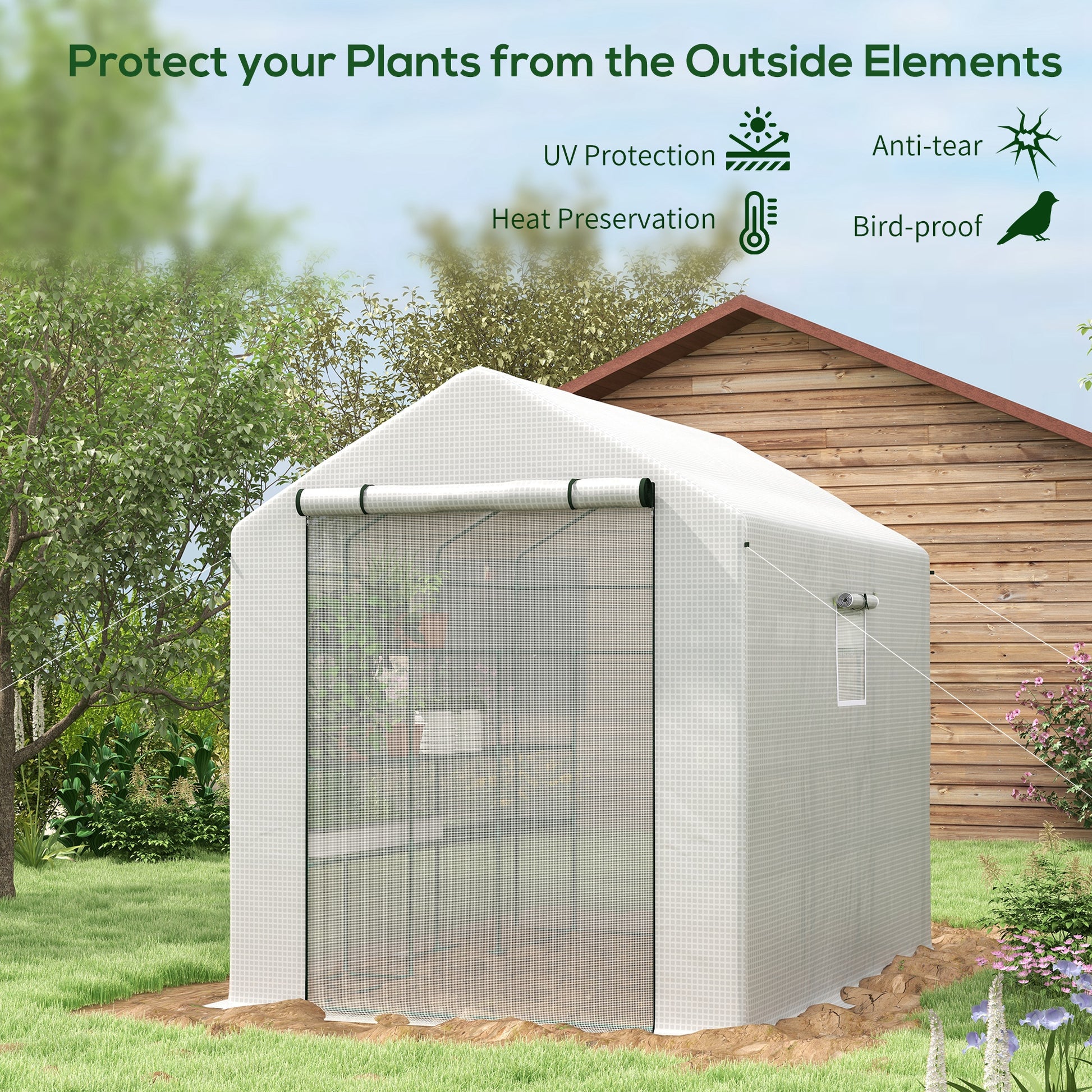 Outsunny 8' X 6' X 7' Walk In Greenhouse With Mesh Door And Windows, 18 Shelf Green House With Trellis, Plant Labels, Uv Protective For Growing Flowers, Herbs, Vegetables, Saplings, White White Steel