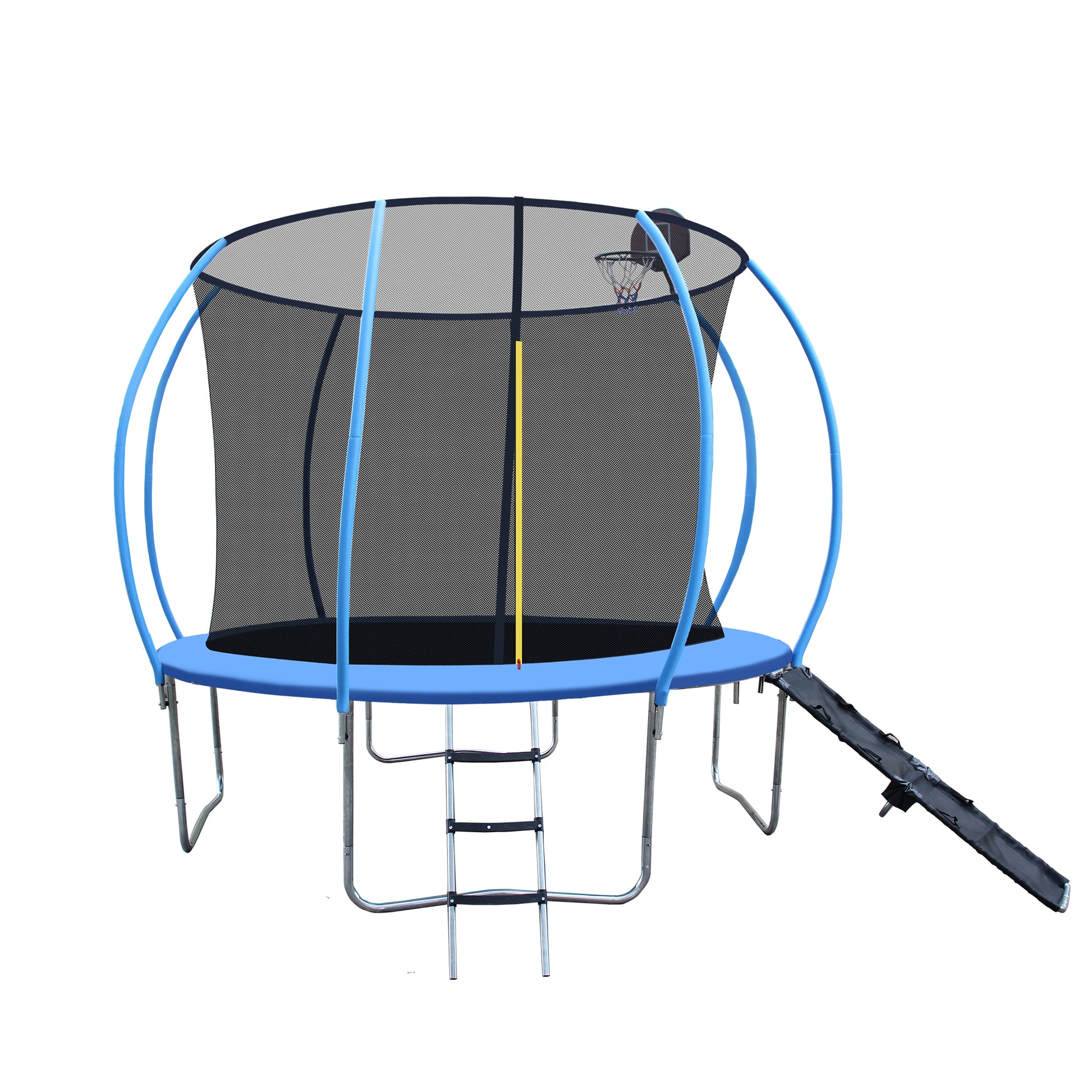 10Ft Trampoline With Enclosure Recreational Trampolines With Ladder And Anti Rust Coating, Pumpkin Shaped Trampoline With Slide And Basket Board, Astm Approval Outdoor Trampoline For Kids Black Blue