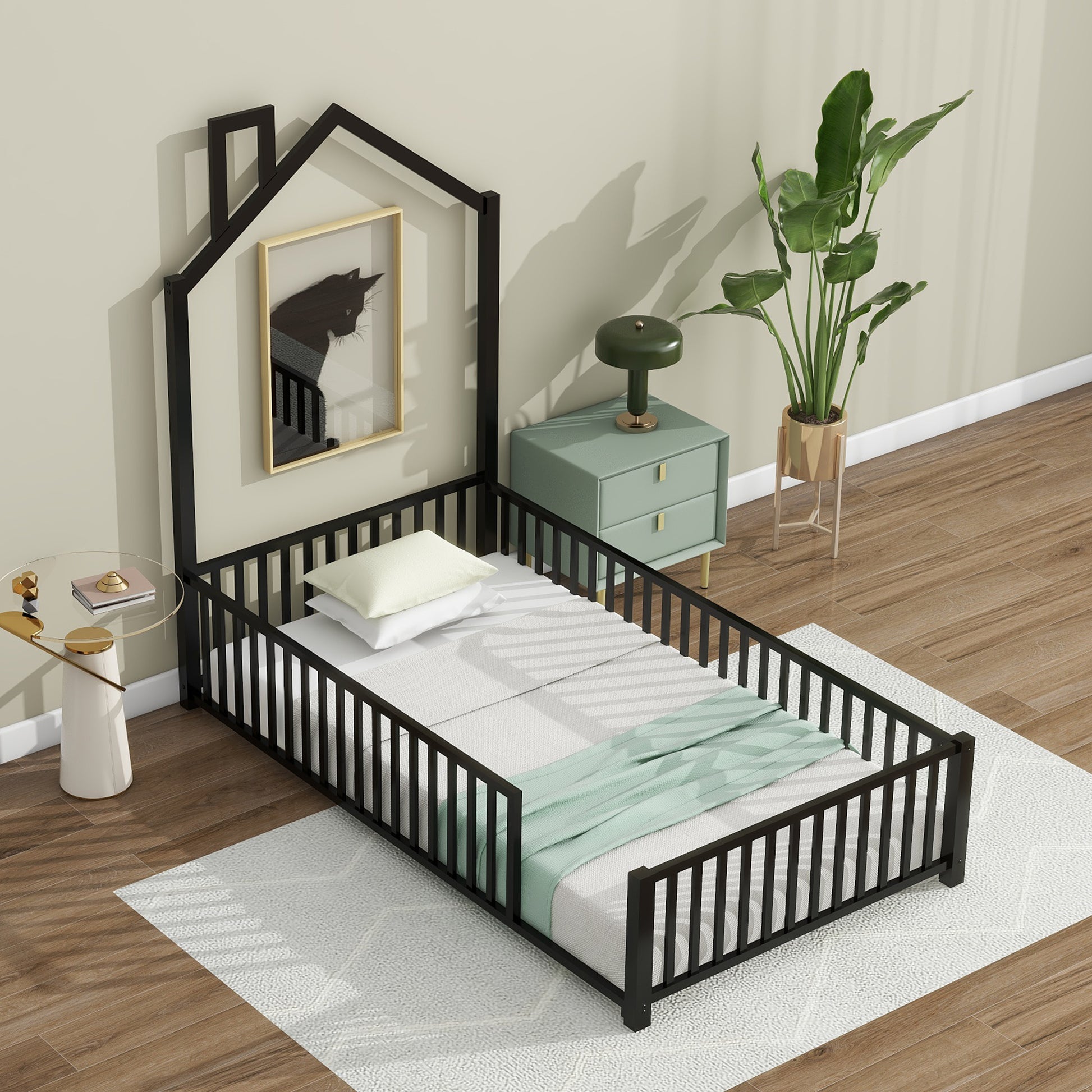 Twin Size Metal House Platform Bed With Guardrail And Chimney, Black Box Spring Not Required Twin Black Metal Metal