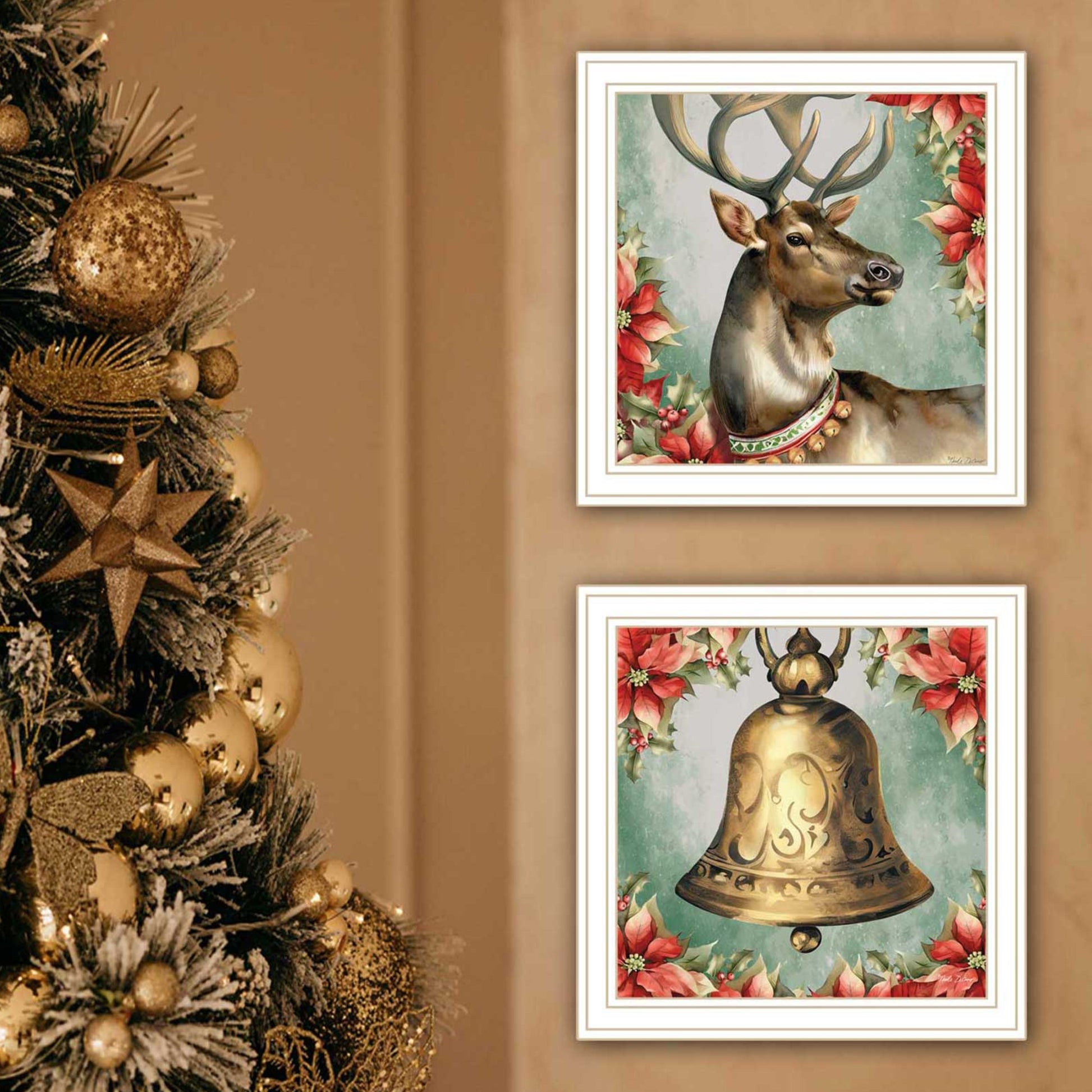 2 Piece Vignette Old World Reindeer & Bell White Framed Wall Art For Living Room, Holiday Wall Art Print For Home Decor, Bedroom Wall Art By Nicole Decamp Multicolor Wood Paper