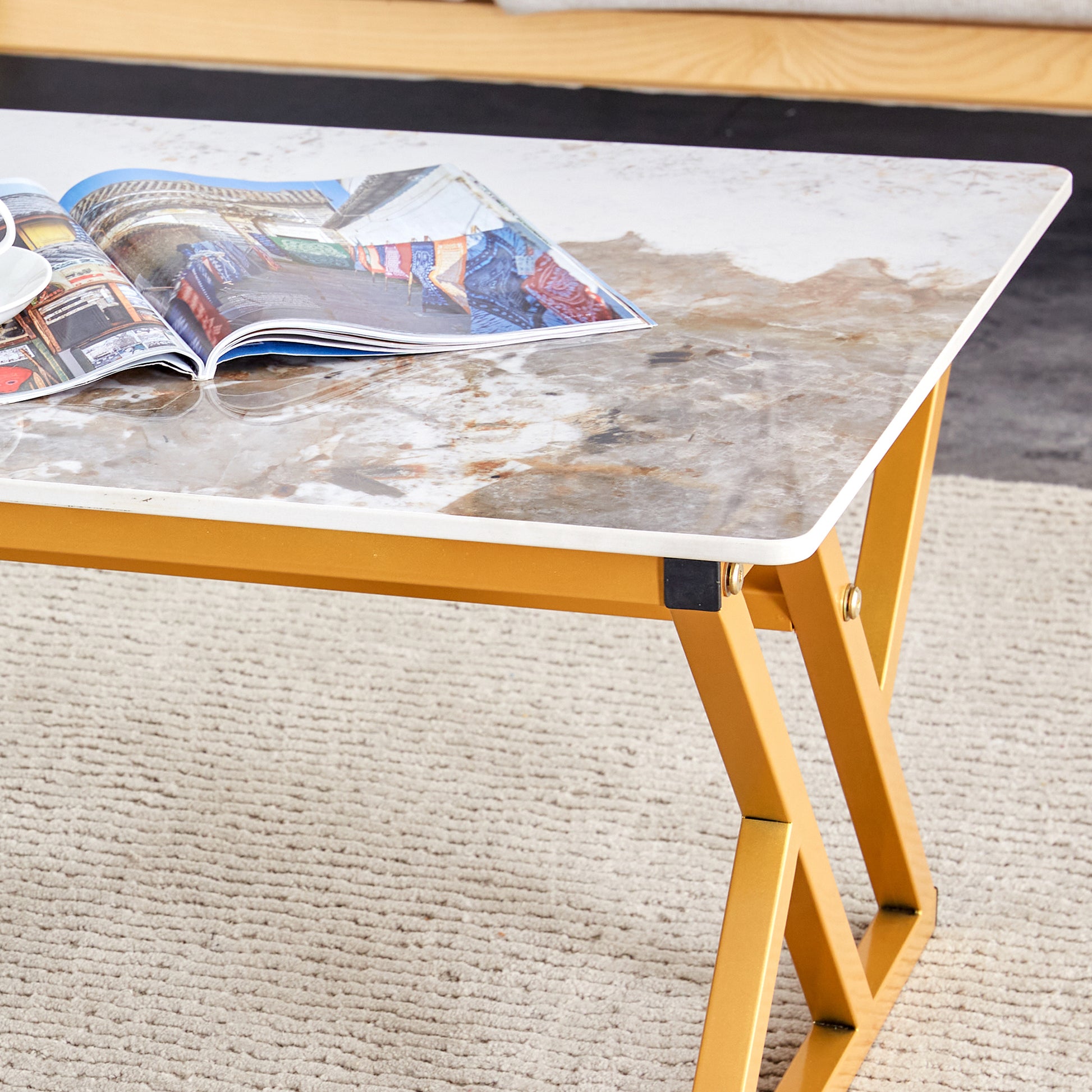A Modern Minimalist Style Marble Patterned Coffee Table With Golden Metal Legs. Computer Desk. Game Table. Tea Table. Ct Xx Gold Sintered Stone
