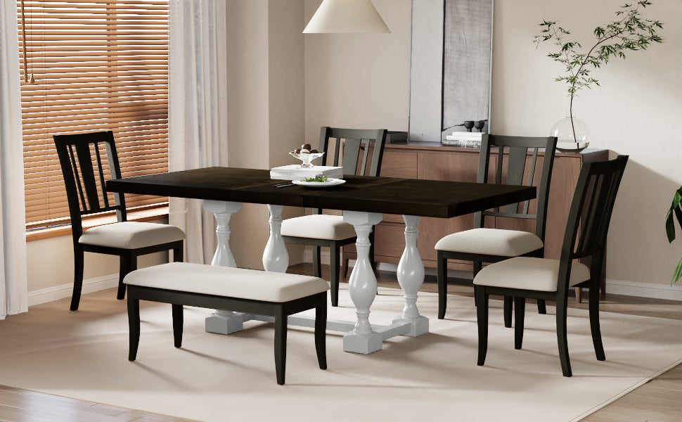 Traditional 6 Piece 78Inch Trestle Extendable Dining Table Set With One 18Inch Removable Leaf, Padded Dining Chairs And Bench,Distressed White Brown Wood Dining Room Solid Wood Rubberwood Rectangular Dining Table With Chair And Bench Upholstered Chair