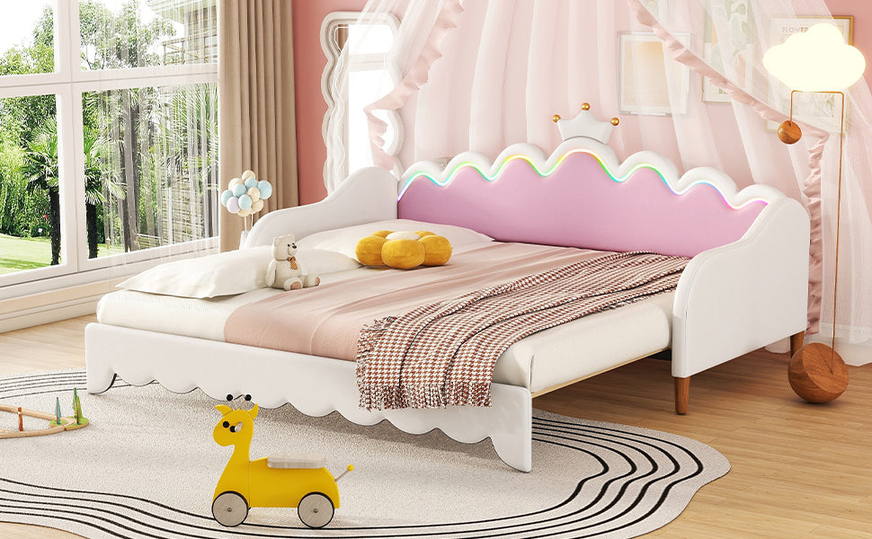 Twin Extending Daybed With Led Lights, Modern Upholstered Princess Daybed With Crown Headboard,White Twin White Wood