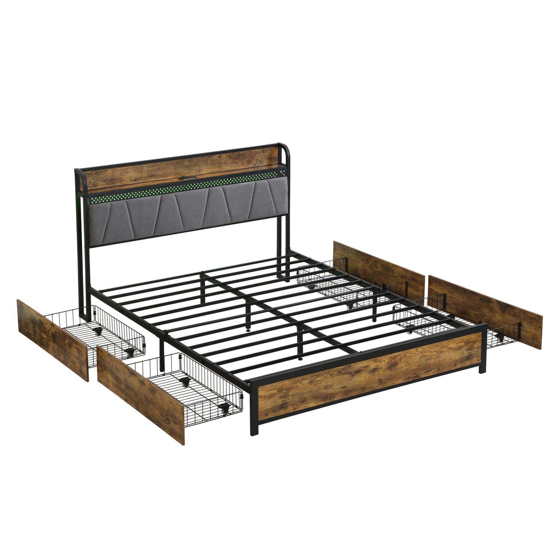 Queen Size Bed Frame, Storage Headboard With Charging Station And 4 Storage Drawers,Led Lightsbrown And And Gray Queen Black Brown Grey Mdf Metal