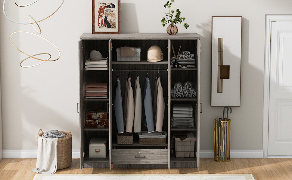 4 Door Mirror Wardrobe With Shelves, Gray Gray Plywood