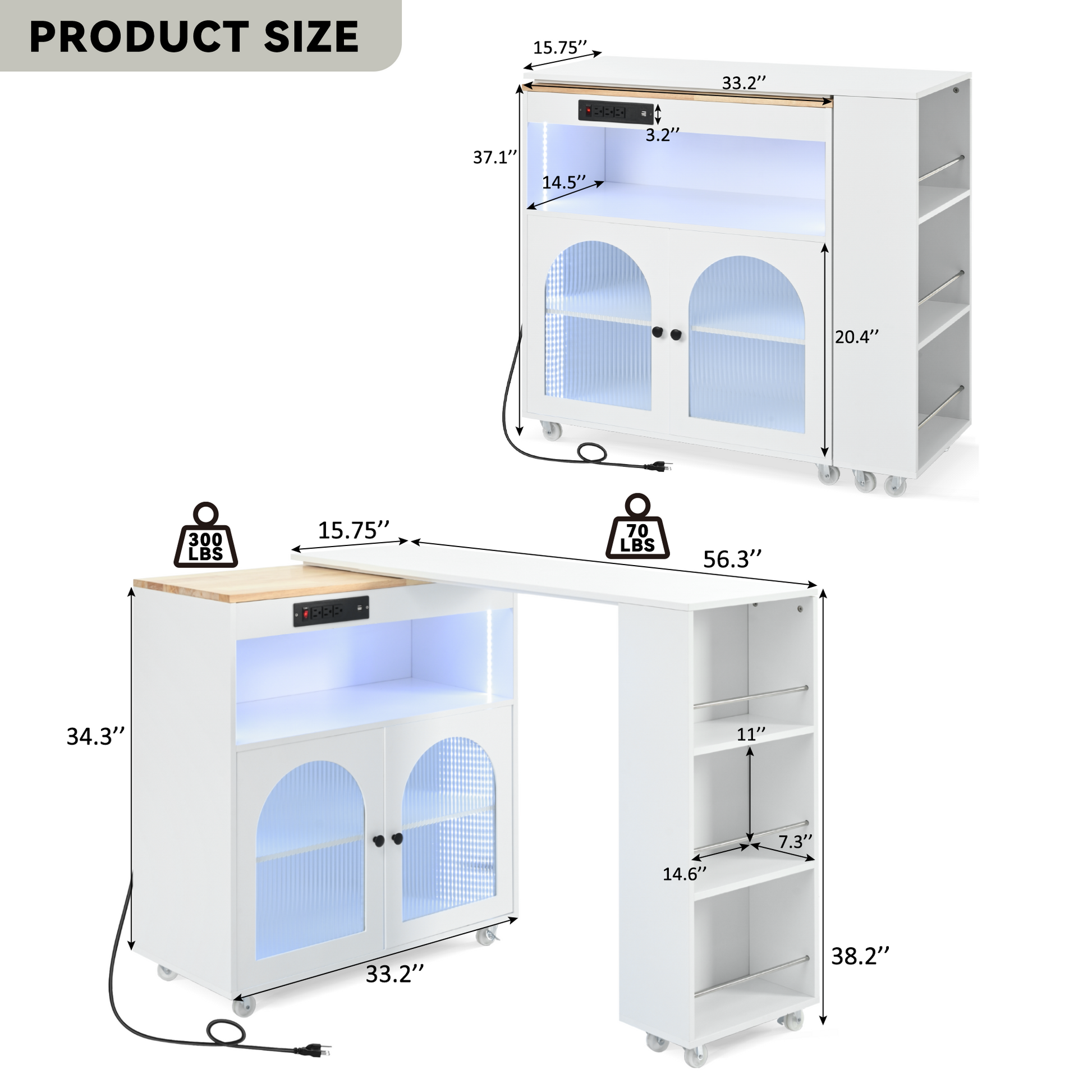 K&K Rolling Kitchen Island With Extended Table, Kitchen Island On Wheels With Led Lights,Power Outlets And 2 Fluted Glass Doors, Kitchen Island With A Storage Compartment And Side 3 Open