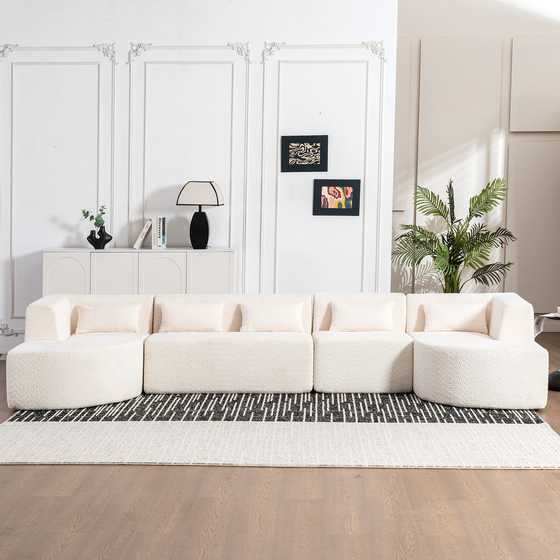 143.7" Upholstered Sofa Free Combined Sofa Couch With Two Chaise Lounge And Five Back Pillows For Living Room, Beige Beige Foam Polyester 5 Seat