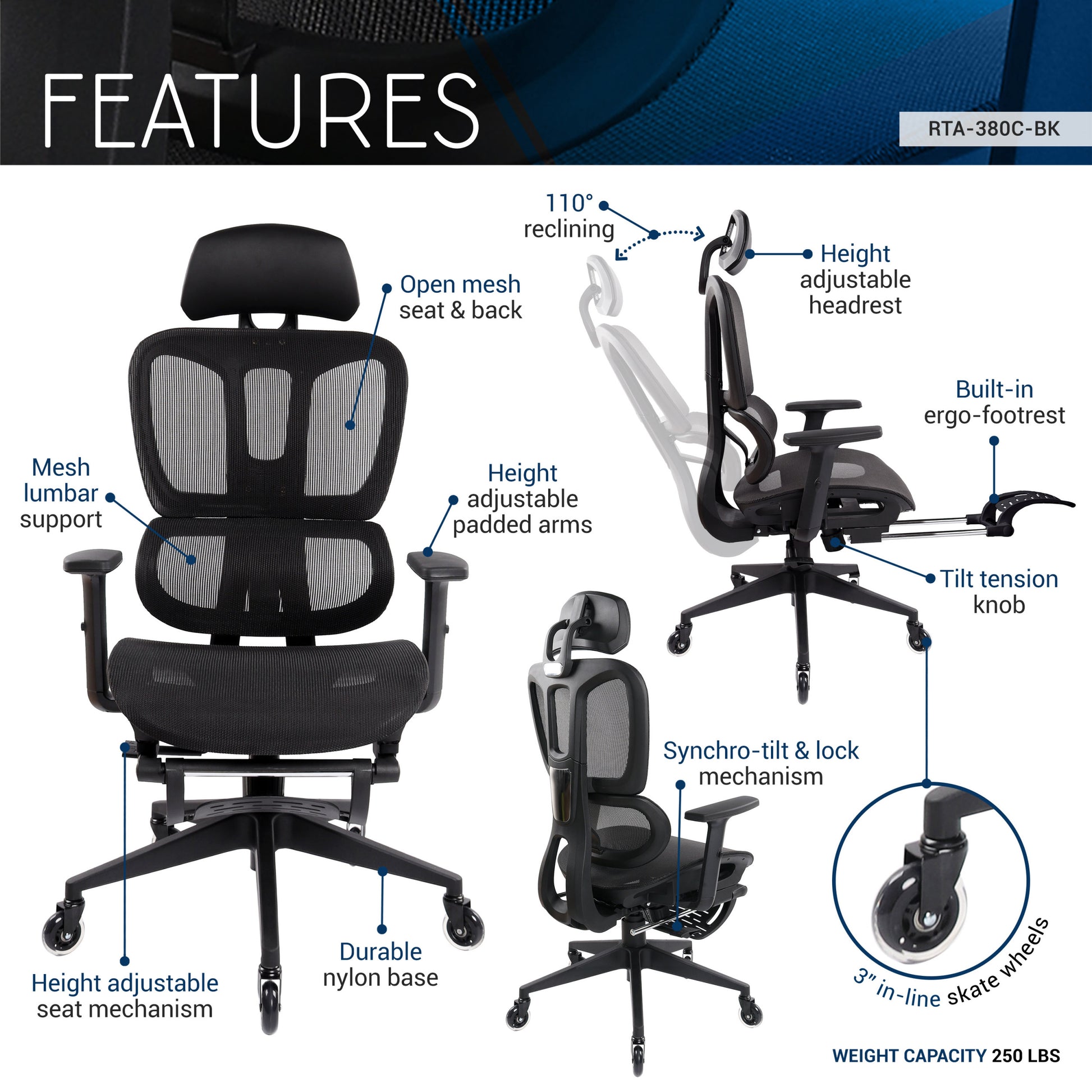 Techni Mobili Ultimate Reclining Ergonomic Mesh Office Chair With Lumbar Support And Footrest Black Office Spot Clean Modern Office Chairs Open Back Adjustable Height Mesh