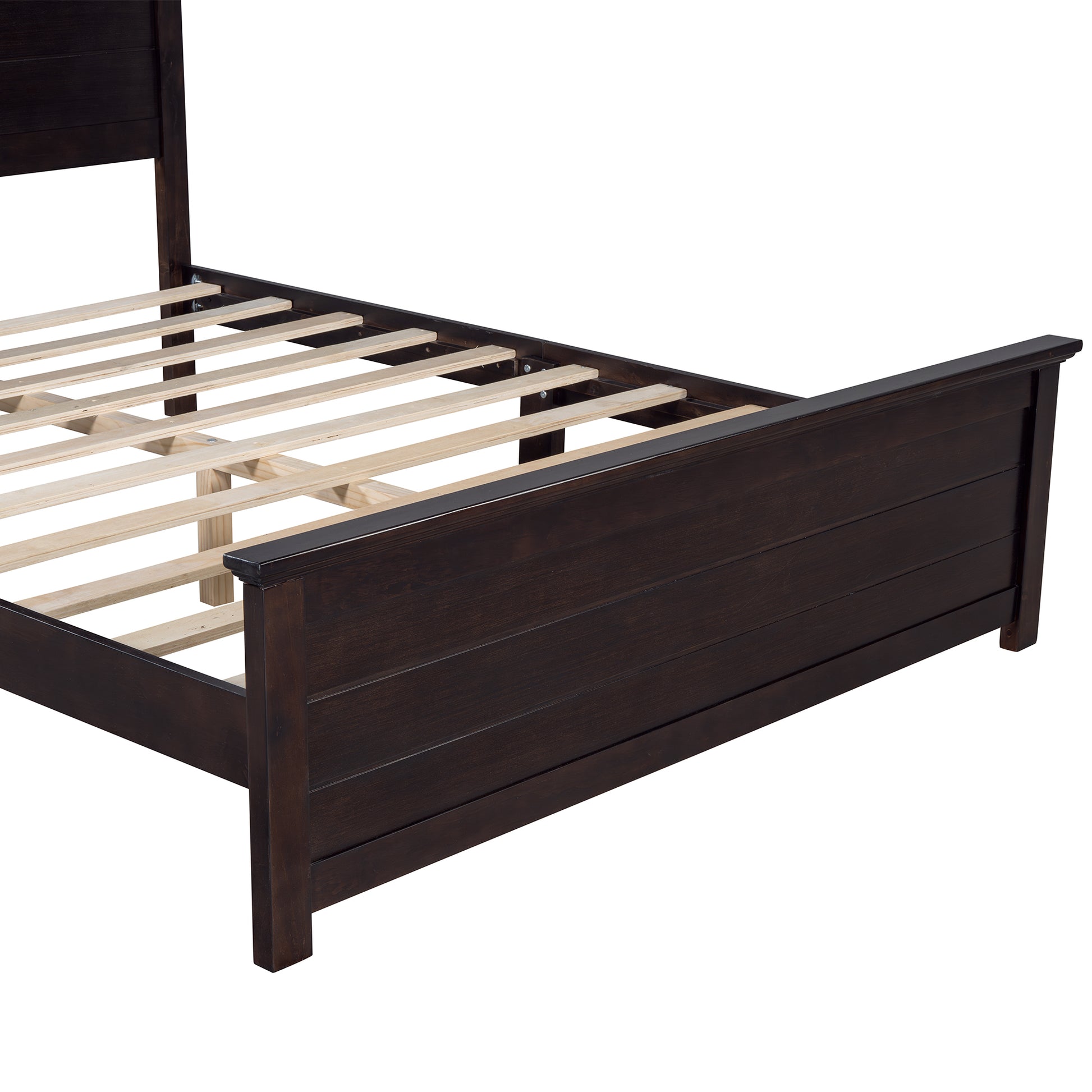 Farmhouse Wooden Platform Queen Size Bed With Curl Design Headboard And Footboard For Teenager, Espresso Queen Espresso Pine