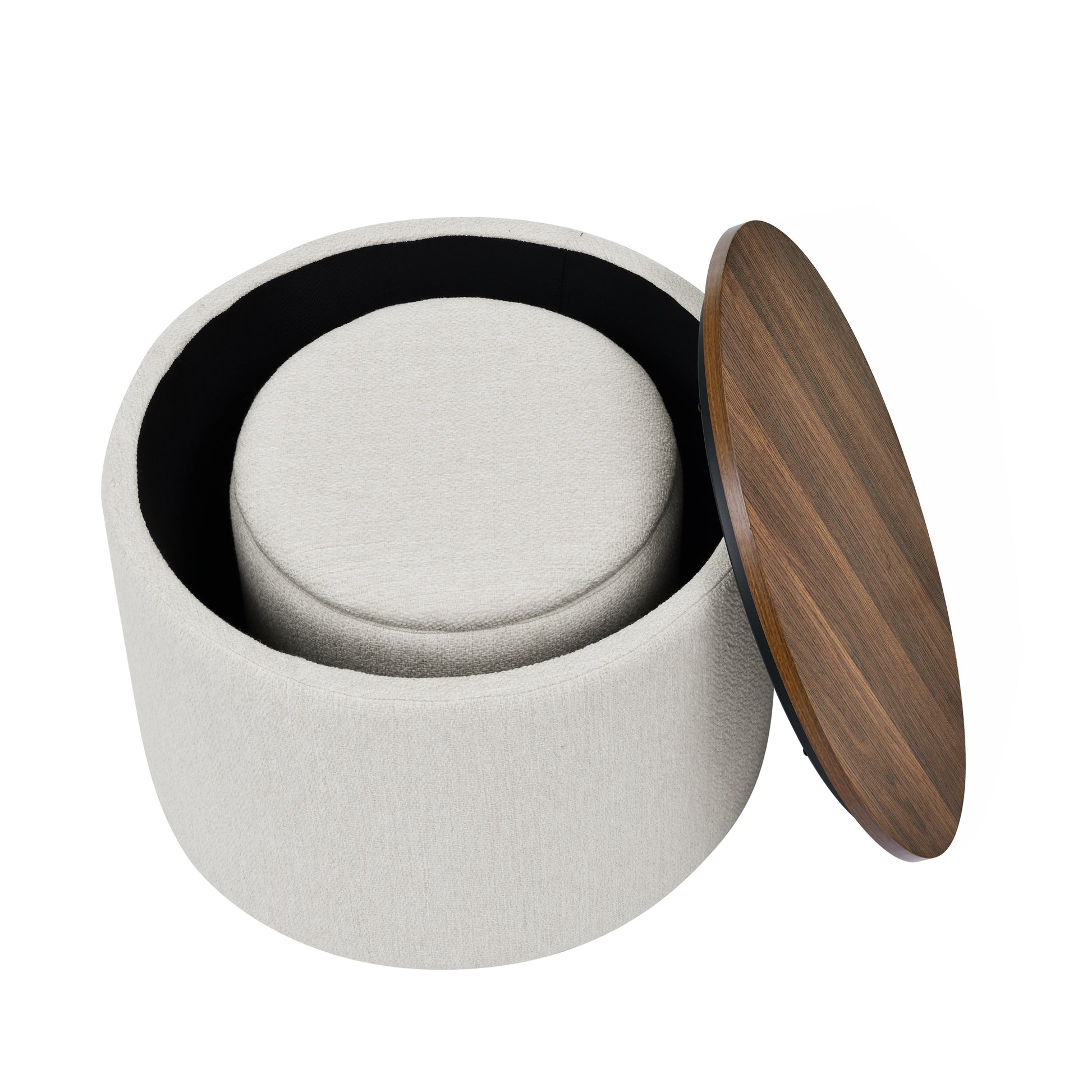 2 Piece Set Round Chenille Storage Ottoman, Equipped With A Drum Shaped Small Stool, Storage Space, And Mdf Made Desktop Panel Beige 23.62"X23.62"X16.53" Beige Chenille