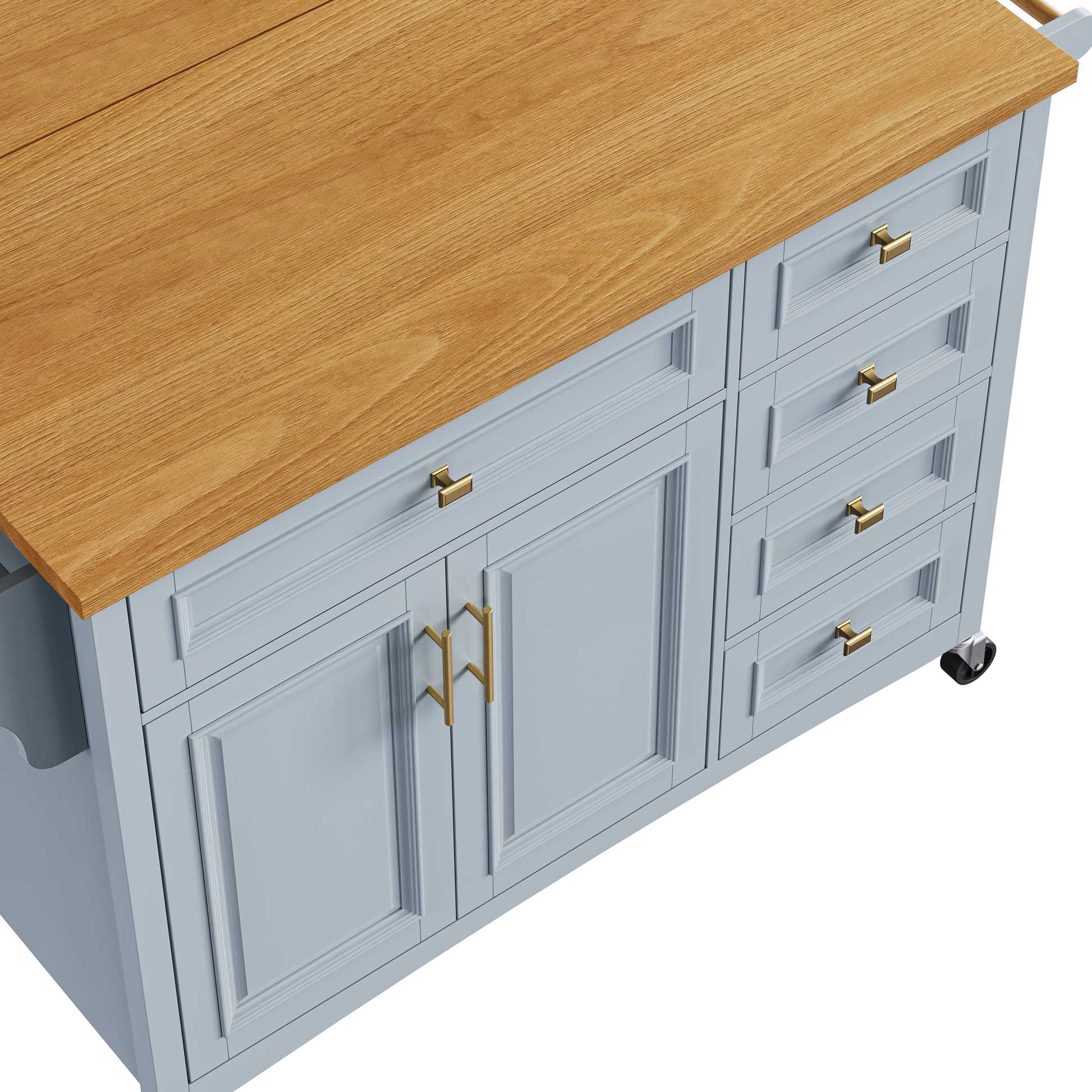 K&K 52'' Kitchen Island With Drop Leaf, Embossed Texture Kitchen Island On Wheels With Spice Rack, Towel Rack, 2 Doors And 5 Drawers, Kitchen Storage Cart With Adjustable Shelf For Kitchen, Blue