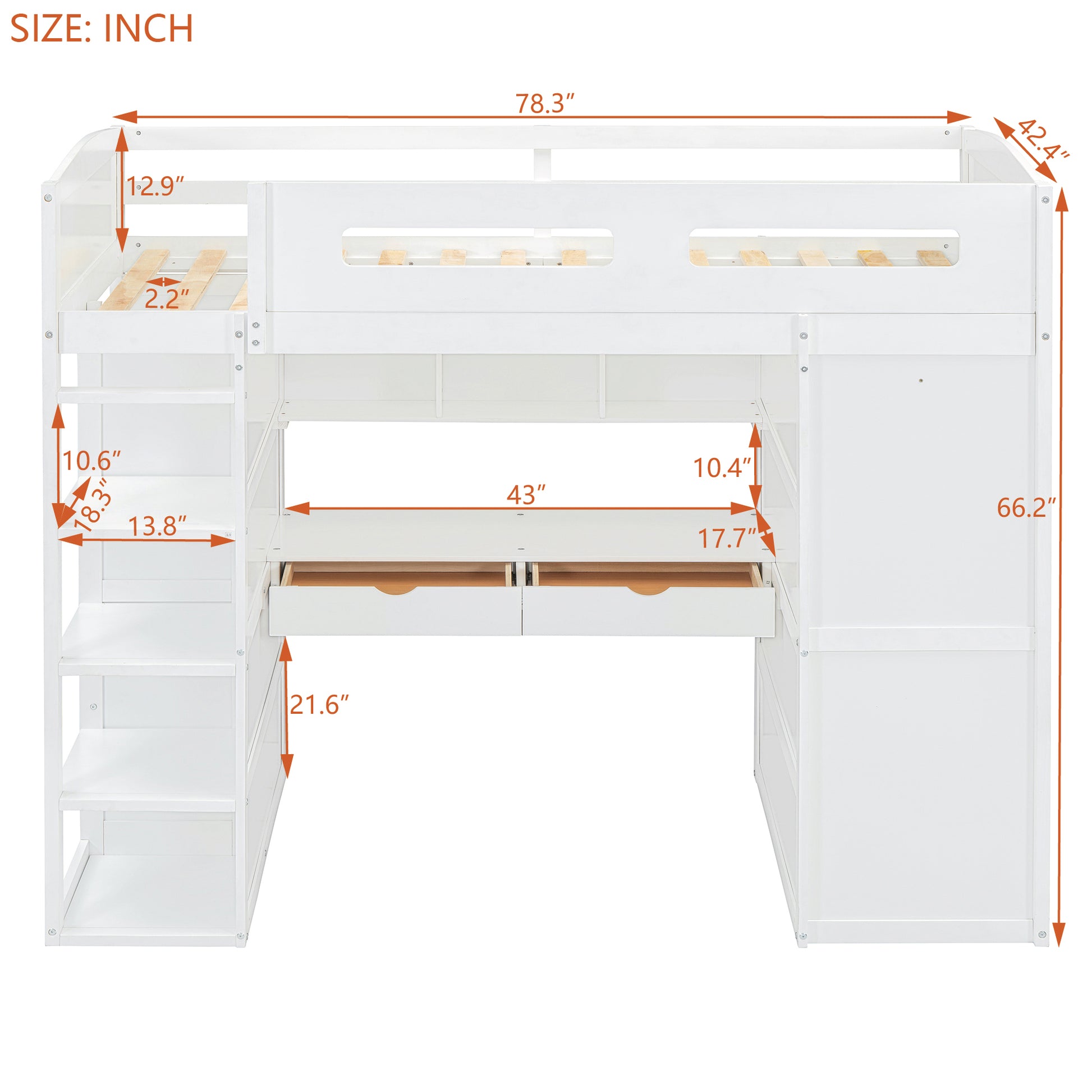 Twin Size Loft Bed With Desk, Wardrobes, 4 Drawers And 4 Shelves White Twin White Solid Wood