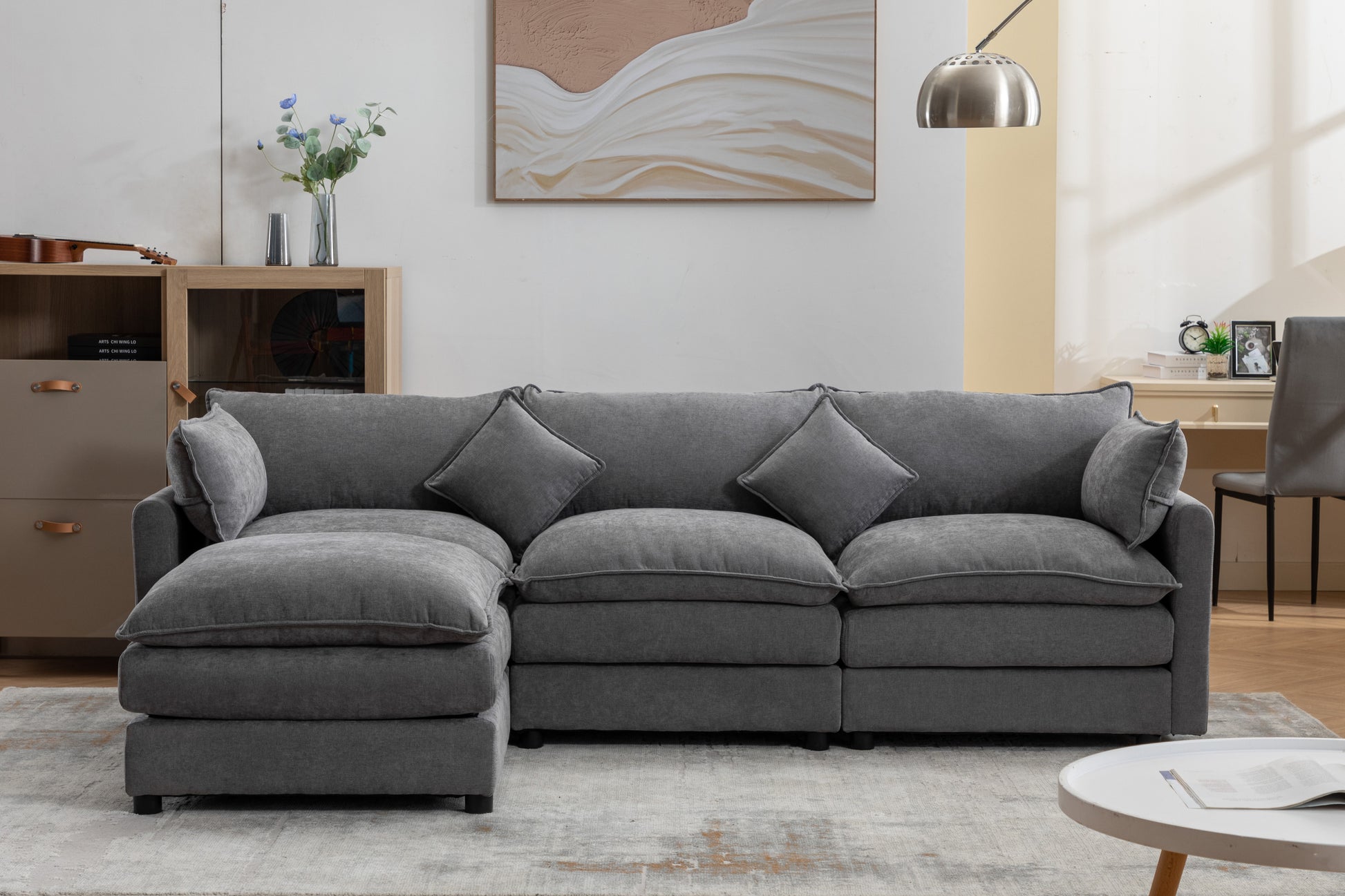 Modular Sectional Sofa, 3 Seater Sofa With Ottoman, Modern L Shaped Sofa For Living Room Bedroom Apartment Grey Chenille 3 Seat