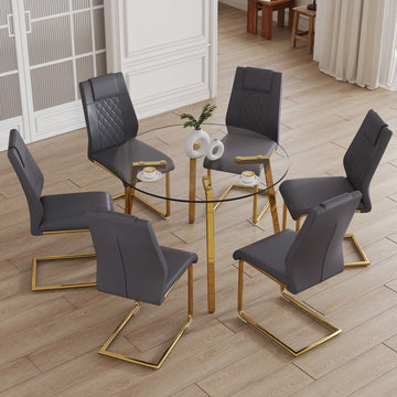 Table And Chair Set.A Modern Minimalist Style Round Clear Tempered Glass Table With Metal Legs.Paried With Dark Gray Chairs With Modern Pu Leather High Back Upholstered And C Tube Golden Legs. Transparent Seats 6 Glass