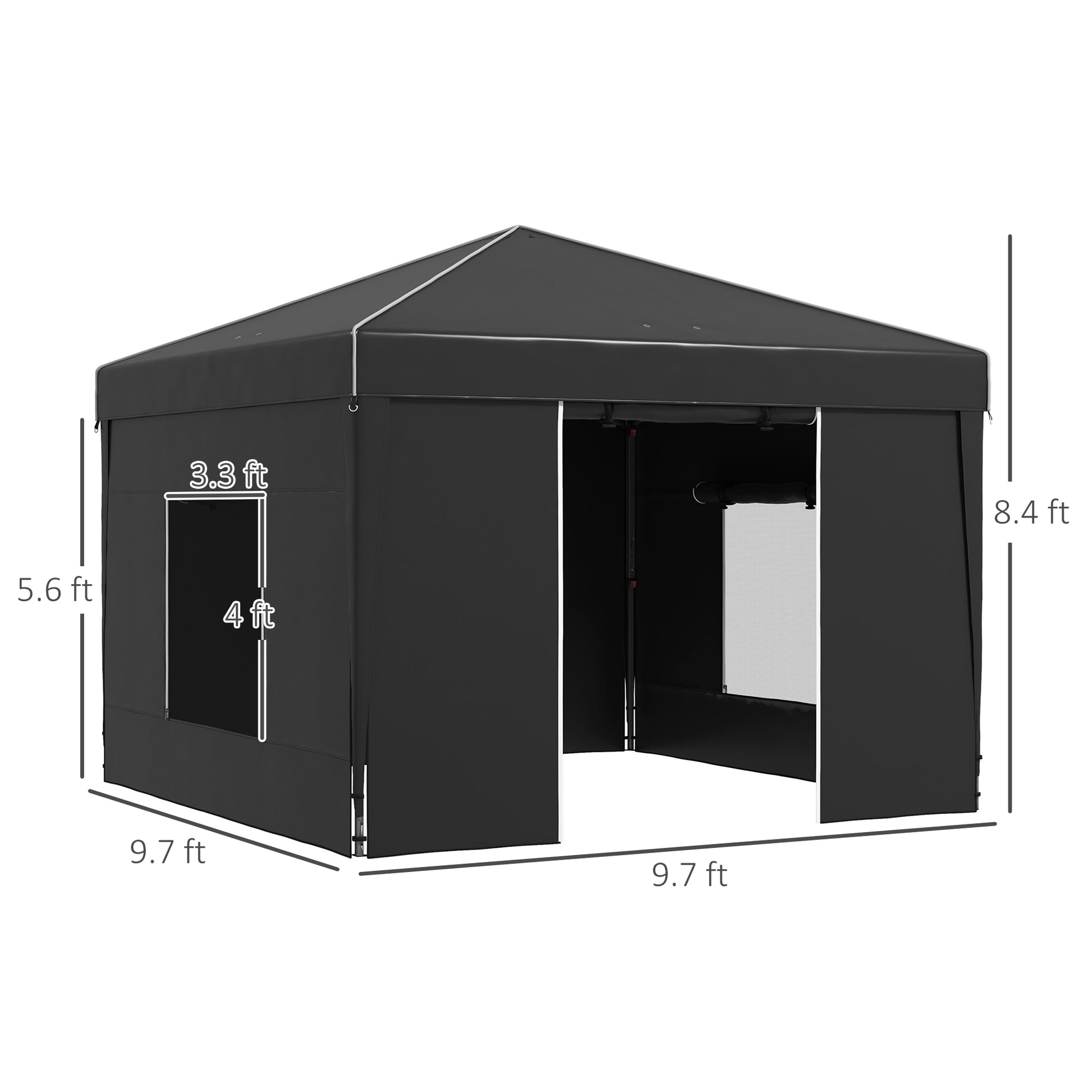 Outsunny 9.7' X 9.7' Pop Up Canopy With Sidewalls, Portable Canopy Tent With 2 Mesh Windows, Reflective Strips, Carry Bag For Events, Outdoor Party, Vendor Canopy, Black Black Steel