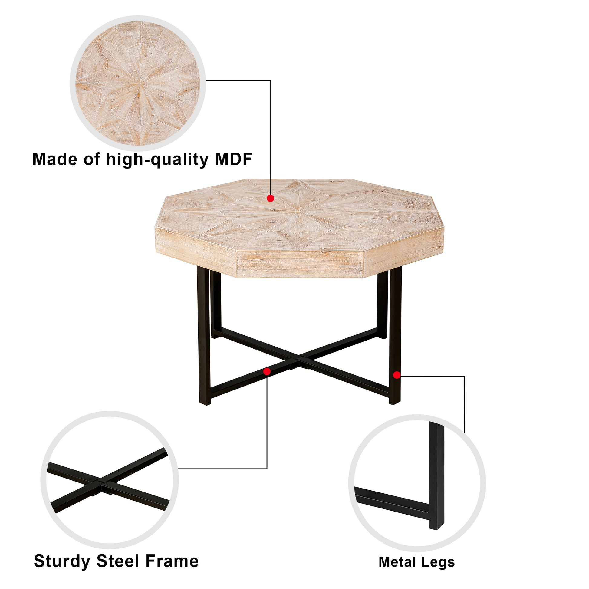 Wood Octagonal Vintage Patchwork Craft Farmhouse 30 Inch Wooden Table Top Cross Metal Legs Coffee Table For Living Room Antique Wood Oak Natural Wood Antique White Primary Living Space Antique Floor Mount Open Storage Coffee & End Tables Mdf Mdf