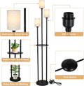 Floor Lamp With Shelves, Modern Floor Lamps For Living Room, 3 Lights Standing Lamp With Linen Shade And Foot Switch, Industrial Standing Lamps For Bedroom, Black Tall Table Lamp For Office Brown Black Rattan Metal