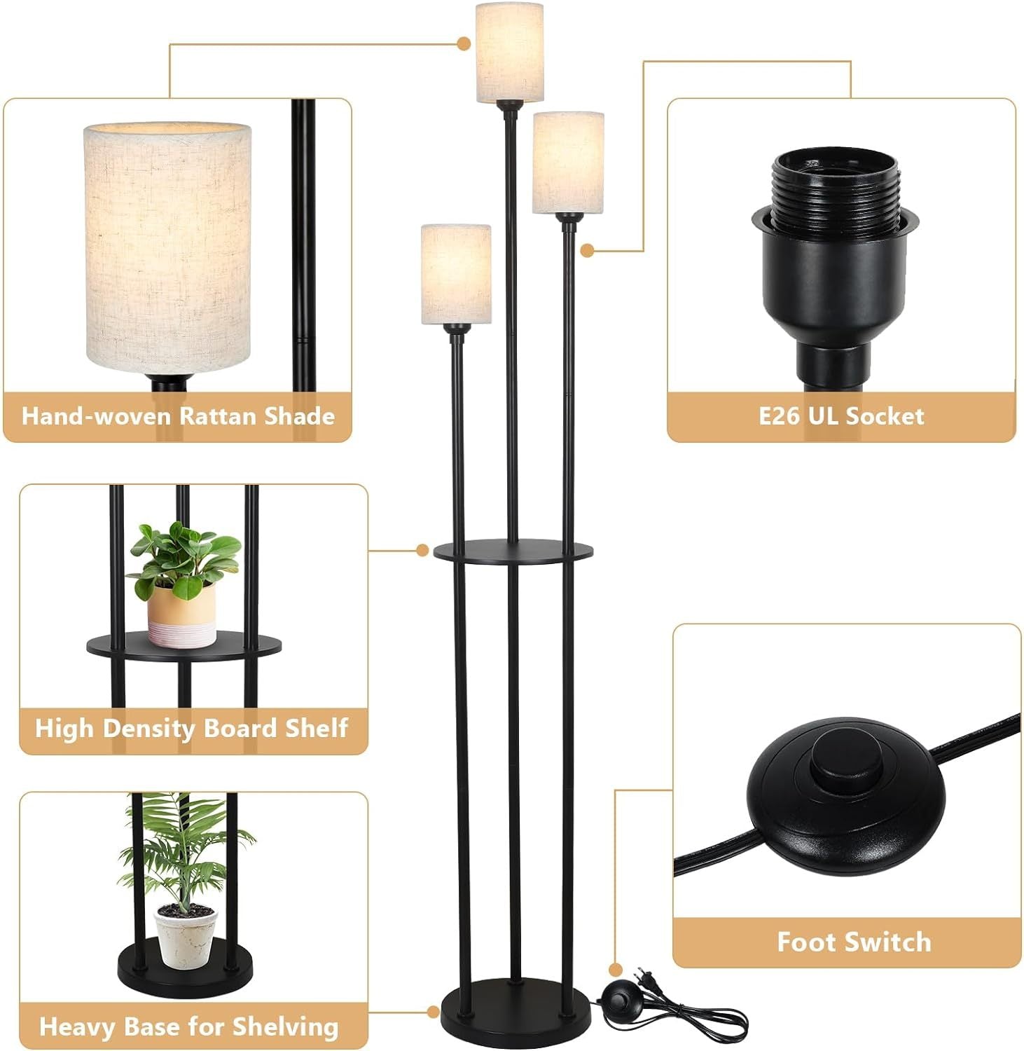 Floor Lamp With Shelves, Modern Floor Lamps For Living Room, 3 Lights Standing Lamp With Linen Shade And Foot Switch, Industrial Standing Lamps For Bedroom, Black Tall Table Lamp For Office Brown Black Rattan Metal