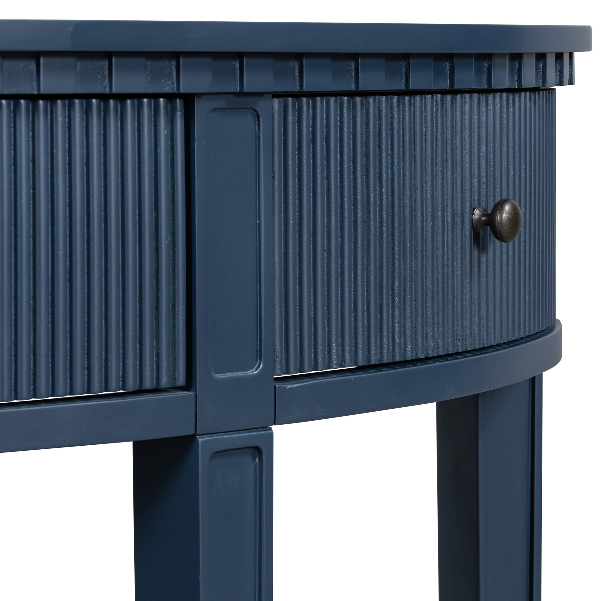 Distinctive Features Of Pine Veneer Console Table With Vertical Stripe Drawer Fronts And Four Legs Navy Blue Primary Living Space Minimalist Mdf