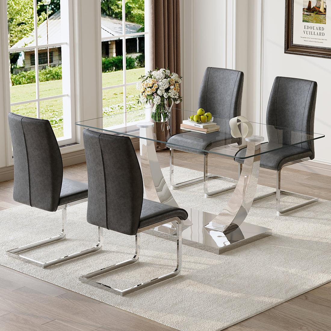 Table And Chair Set.Modern Dining Table,Tempered Glass Tabletop And Silver Colored Leg.Paired With 4 Soft And Comfortable Dark Gray Pu Chair, Perfect For Dinner, Meetings, Home And Office Decor.
