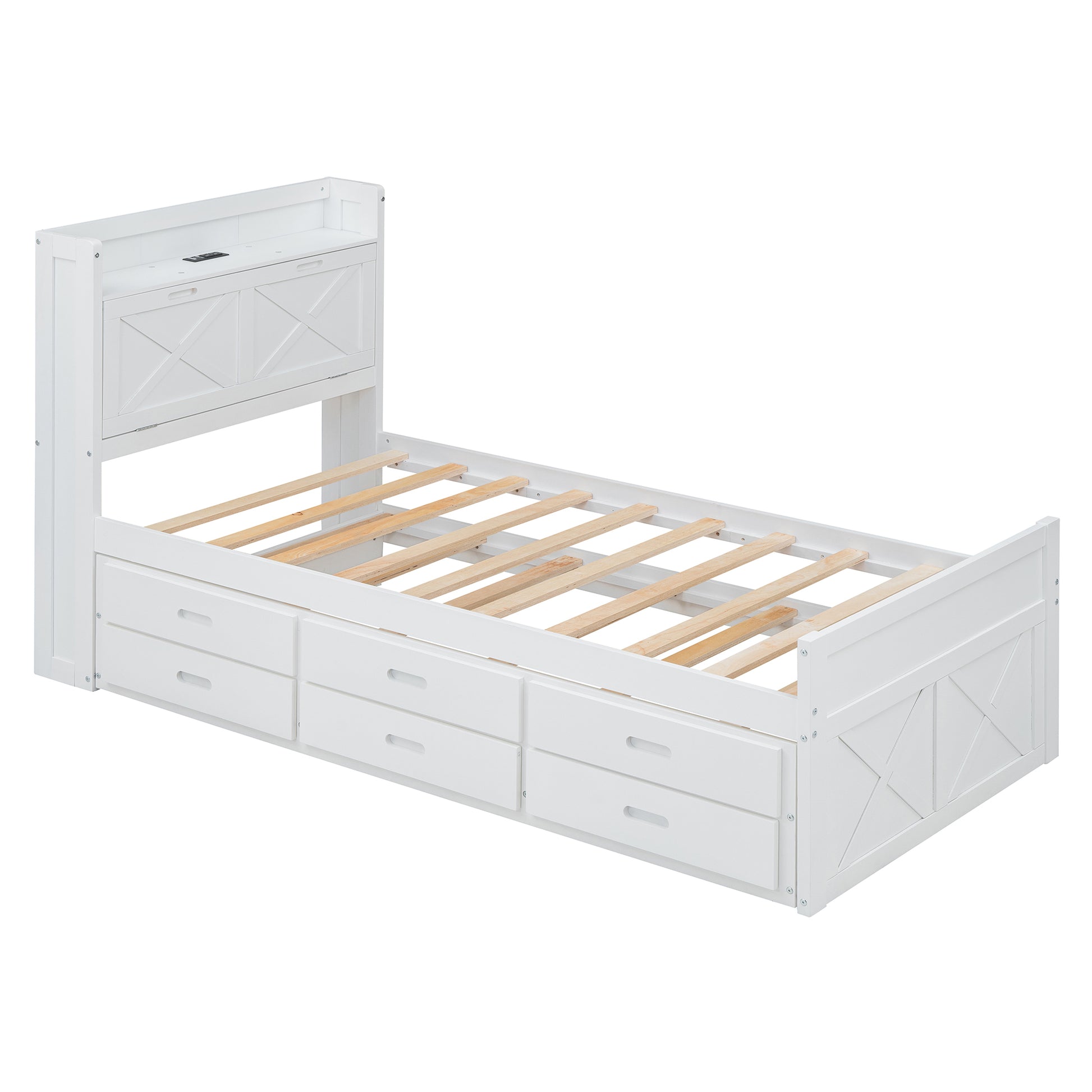 Twin Size Wooden Bed With Storage Headboard With Outlets, Extendable Bed With Twin Size Trundle With Three Storage Drawers,White Expected Arrival Time:8.23 Twin White Wood