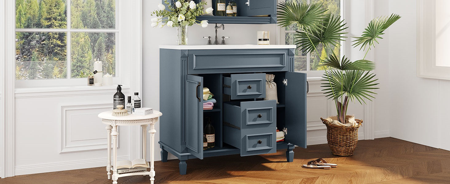 36'' Bathroom Vanity With Top Sink, Modern Bathroom Storage Cabinet With 2 Soft Closing Doors And 2 Drawers, Single Sink Bathroom Vanity Blue Bathroom Modern Solid Wood Mdf Ceramic,Solid Wood Mdf