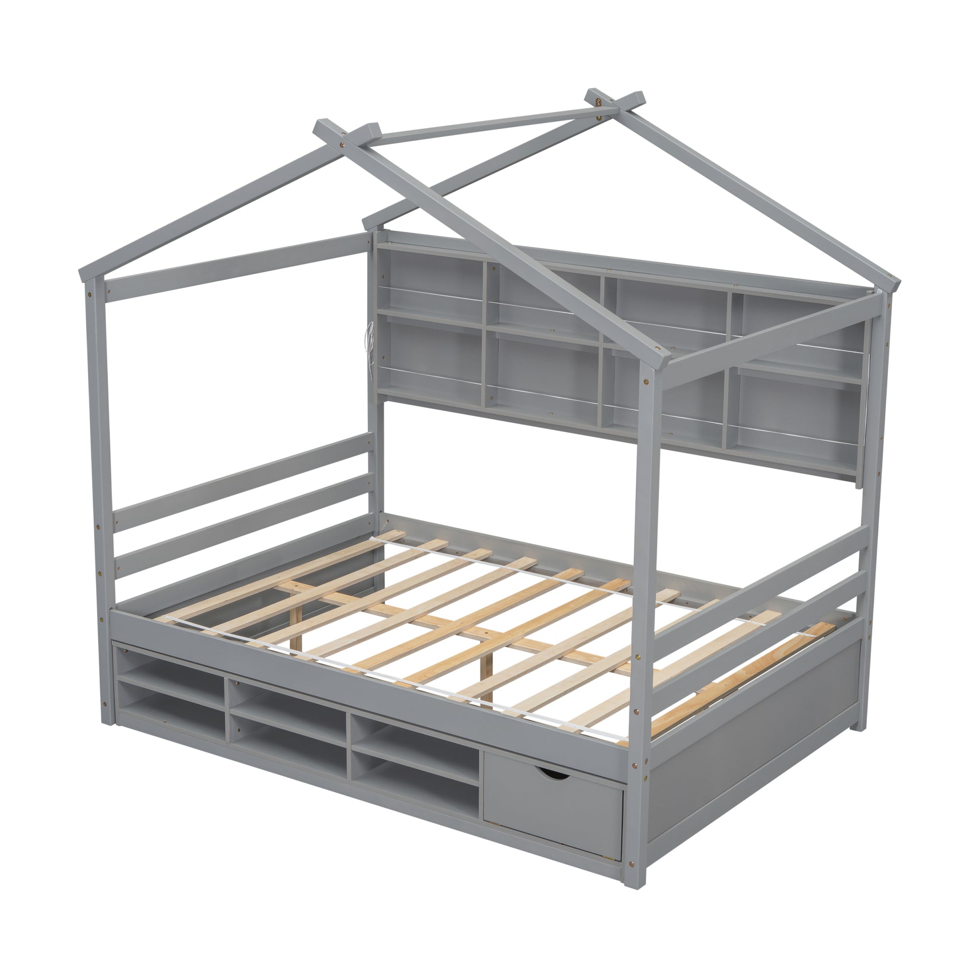 Full House Bed With Roof Frame, Bedside Shelves, Under Bed Storage Unit,Grey Full Grey American Design Pine