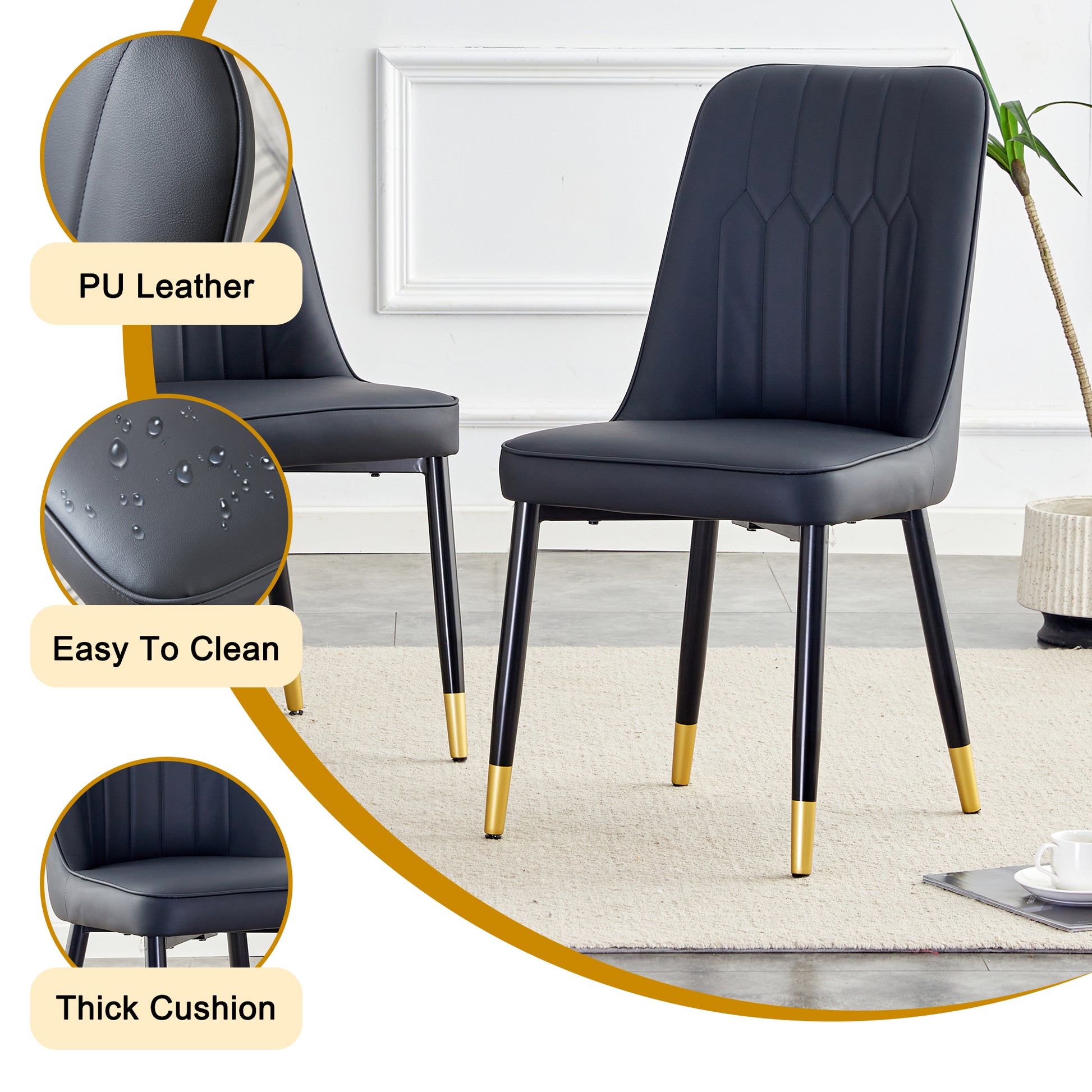 Table And Chair Set.Modern Rectangular Dining Table With Black Textured Stickers Glass Tabletop And Gold Plated Metal Legs.Paried With 6 Comfortable Chairs With Pu Seats And Black Metal Legs. Black Gold Seats 6 Glass Metal