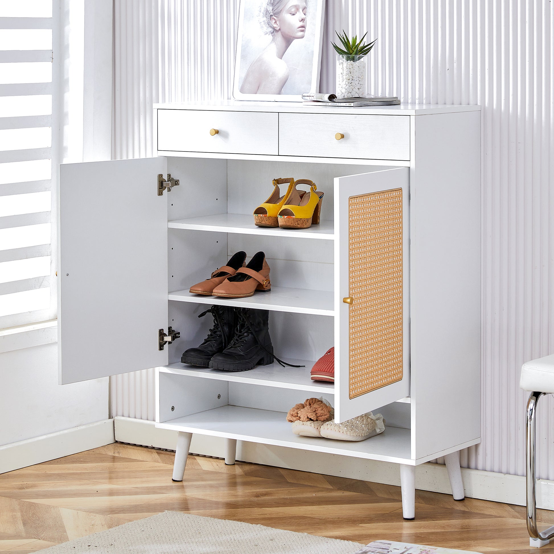 Modern Minimalist Storage Cabinet, Rattan Shoe Cabinet, Bed Top Cabinet. Beautiful Shape, Suitable For Corridors And Living Rooms. White Mdf