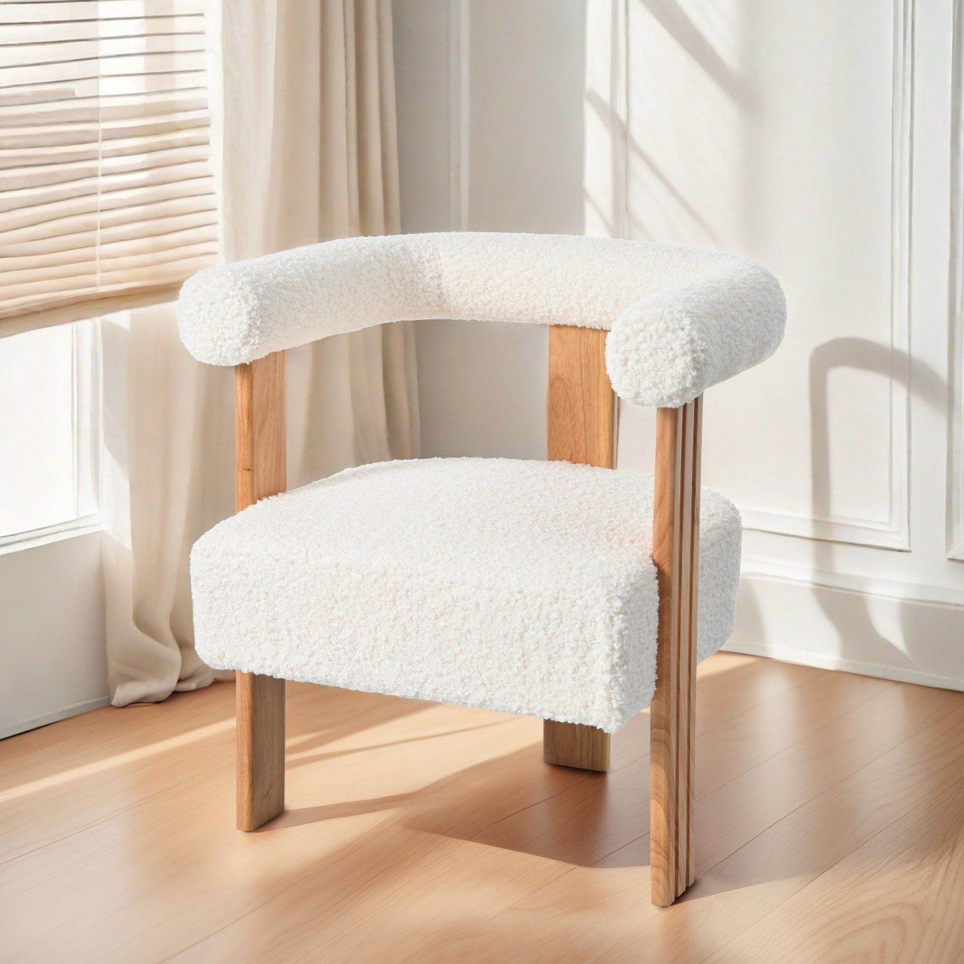Mid Century Modern Barrel Accent Chair, Upholstered Kitchen & Dining Room Chairs With Arms, Teddy Velvet Boucle Accent Chairs Side Chairs For Kitchen Living Room Bedroom, White White Teddy