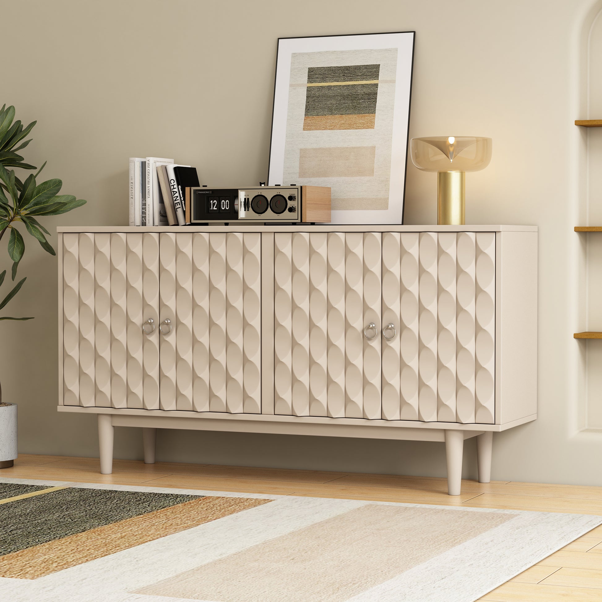 Modern 4 Door Sideboard With Convex Pattern Doors And 2 Silver Handle For Living Room, Dining Room, Kitchen Almond Almond Mdf