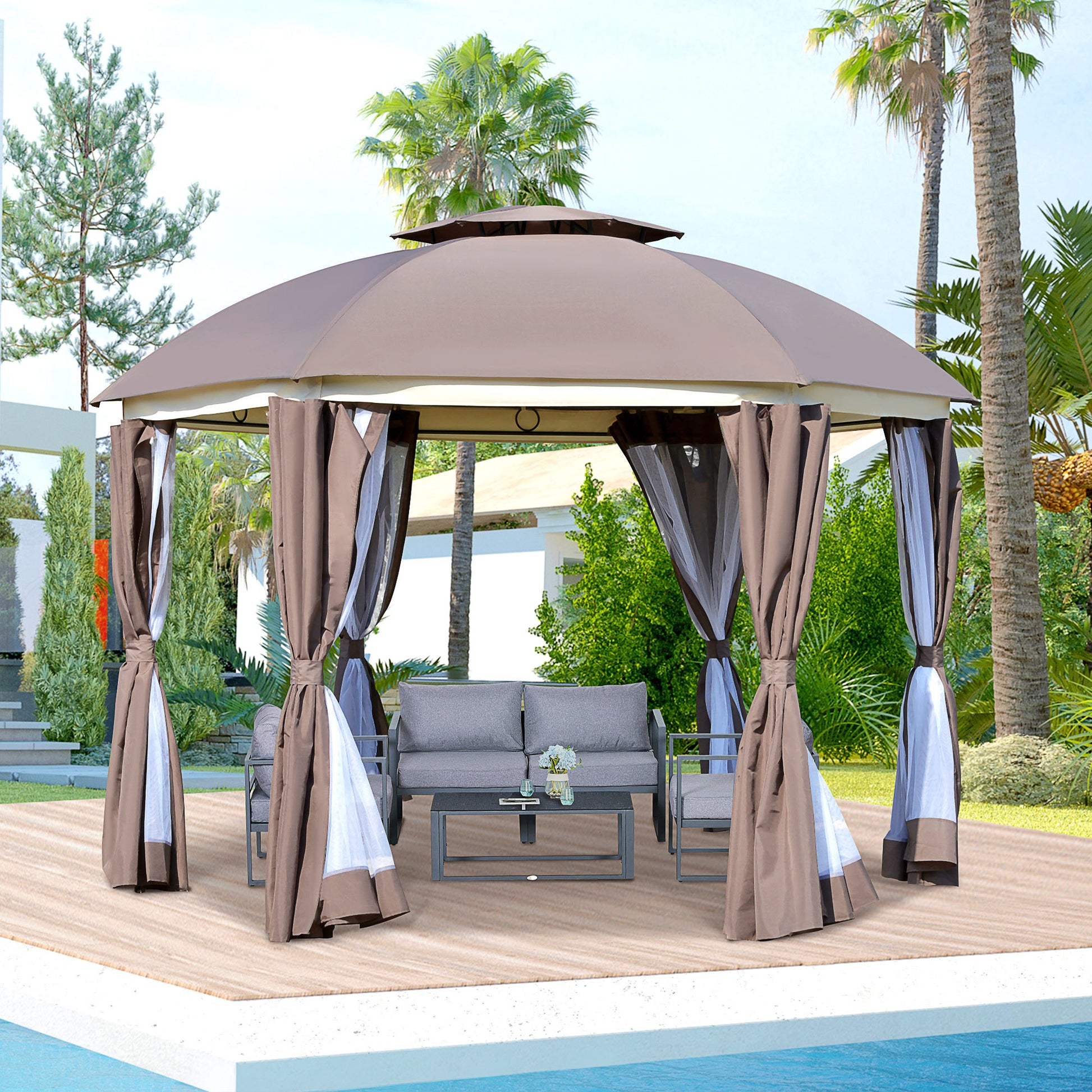 Outsunny 12' X 12' Round Outdoor Gazebo, Patio Dome Gazebo Canopy Shelter With Double Roof, Netting Sidewalls And Curtains, Zippered Doors, Strong Steel Frame, Brown Brown Steel