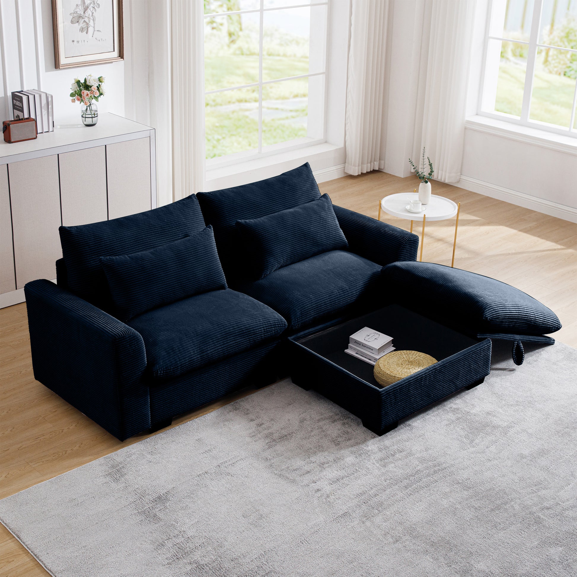 Sectional Sofa Comfy Corduroy Couch For Living Room With Pillows And Round Armrests, Modern Corduroy Sofa Sleeper Deep Couches With Storage Ottoman Blue, 2 Seat Blue Corduroy 2 Seat