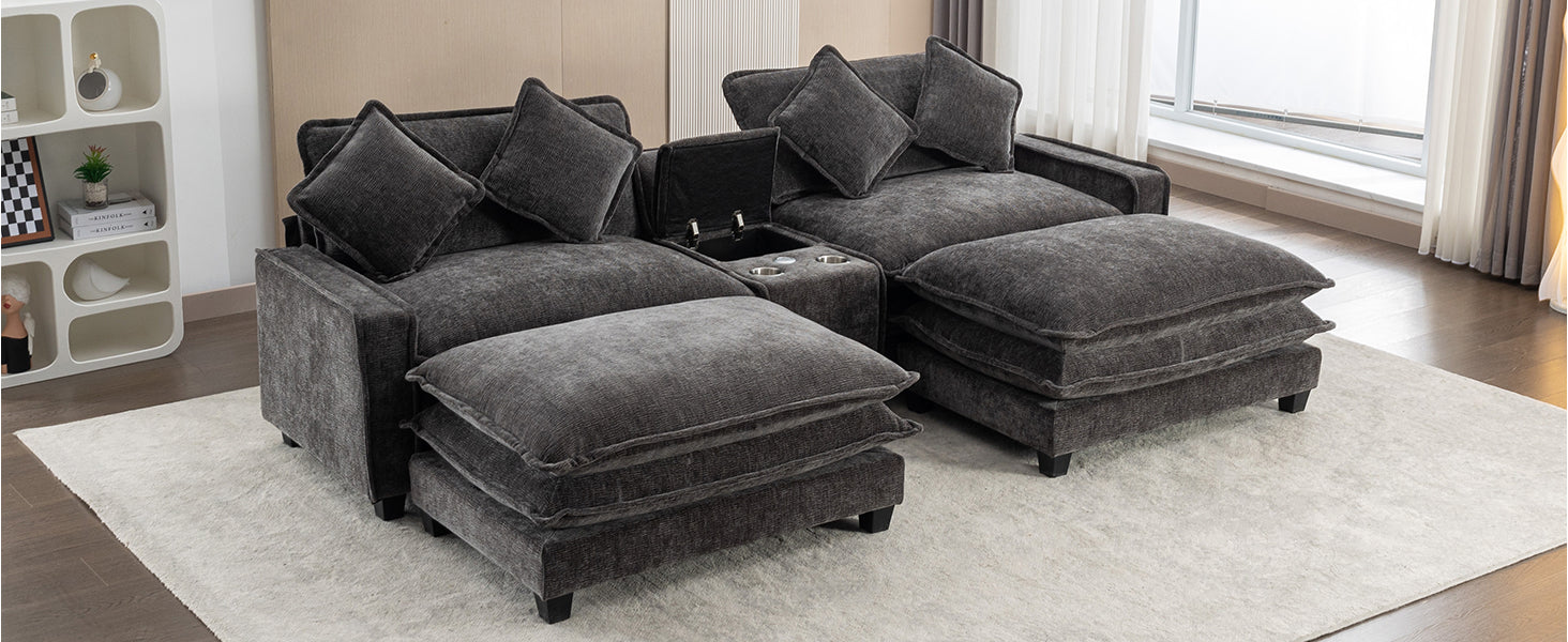 112.6" Sectional Sofa Chenille Upholstered Sofa With Two Removable Ottoman, Two Usb Ports, Two Cup Holders And Large Storage Box For Living Room, Black Black Foam Chenille 2 Seat