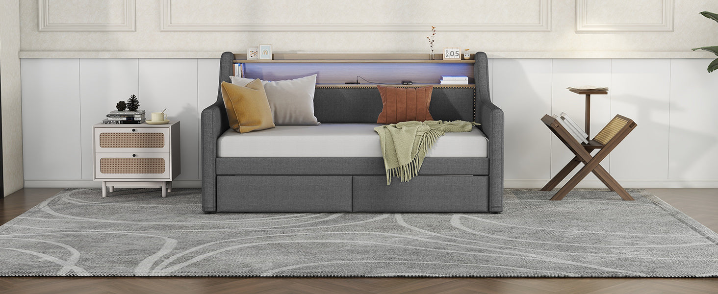 Twin Size Daybed With Storage Drawers, Upholstered Daybed With Charging Station And Led Lights, Gray Old Item W1580S00034 Twin Gray Linen