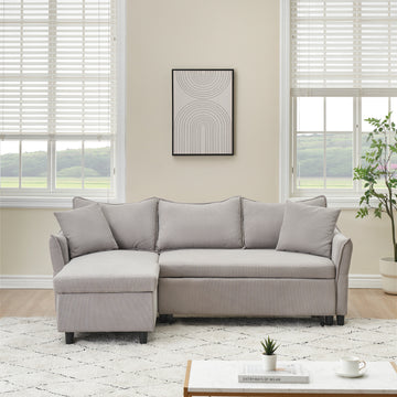 This 80 Inch Gray Corduroy L Shaped Sofa Comes With Two Small Throw Pillows That Can Be Converted Into A Sofa Bed For Storage Gray Corduroy 3 Seat