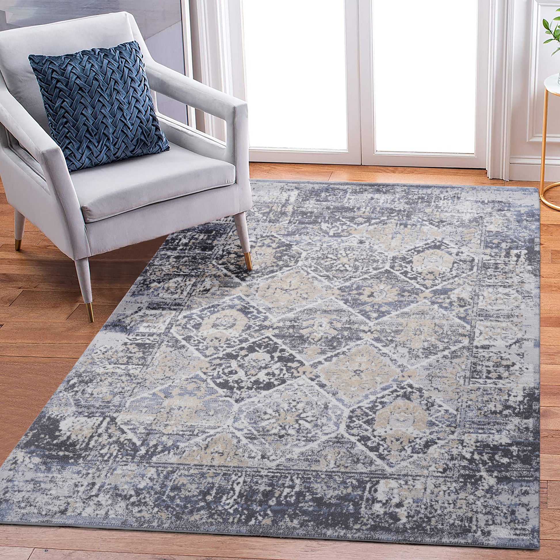 5X7 Grey Blue Traditional Non Shedding Living Room Bedroom Dining Home Office Stylish And Stain Resistant Area Rug Grey Blue Polyester